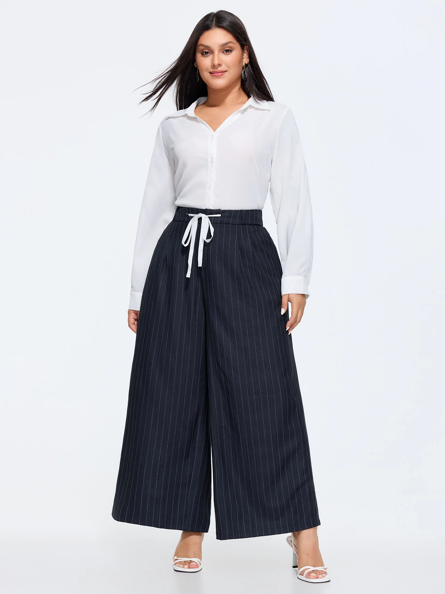 Striped Print Contrast Drawstring Wide-Leg Pants