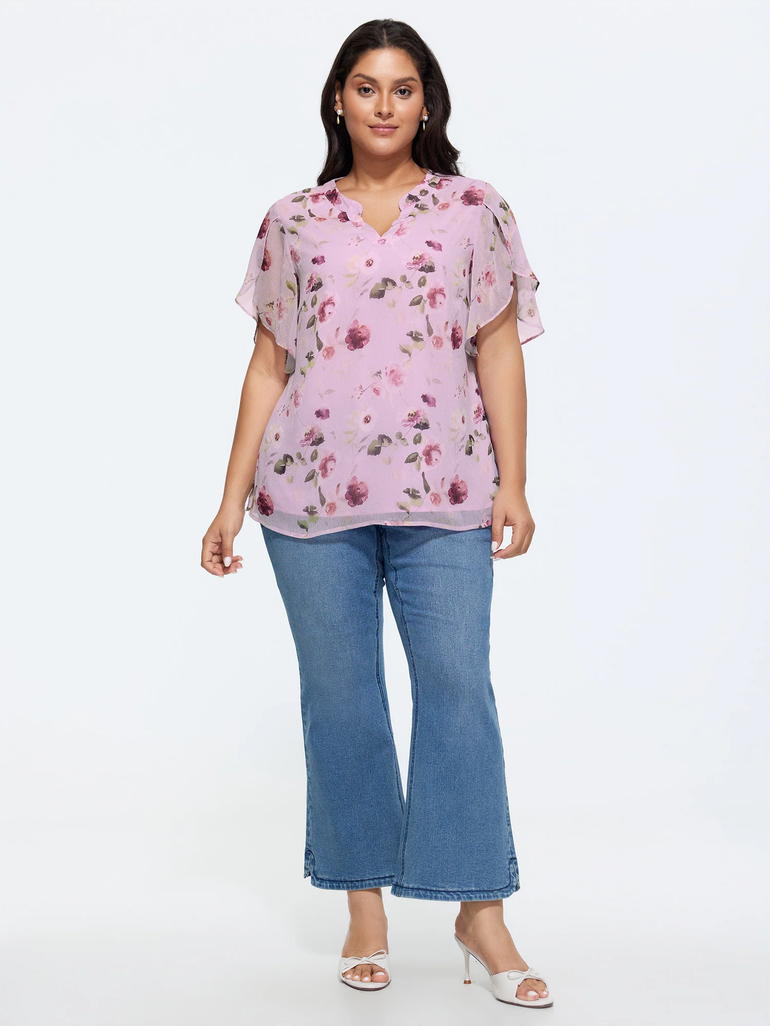 Sweet Floral Print Petal Sleeve Blouse