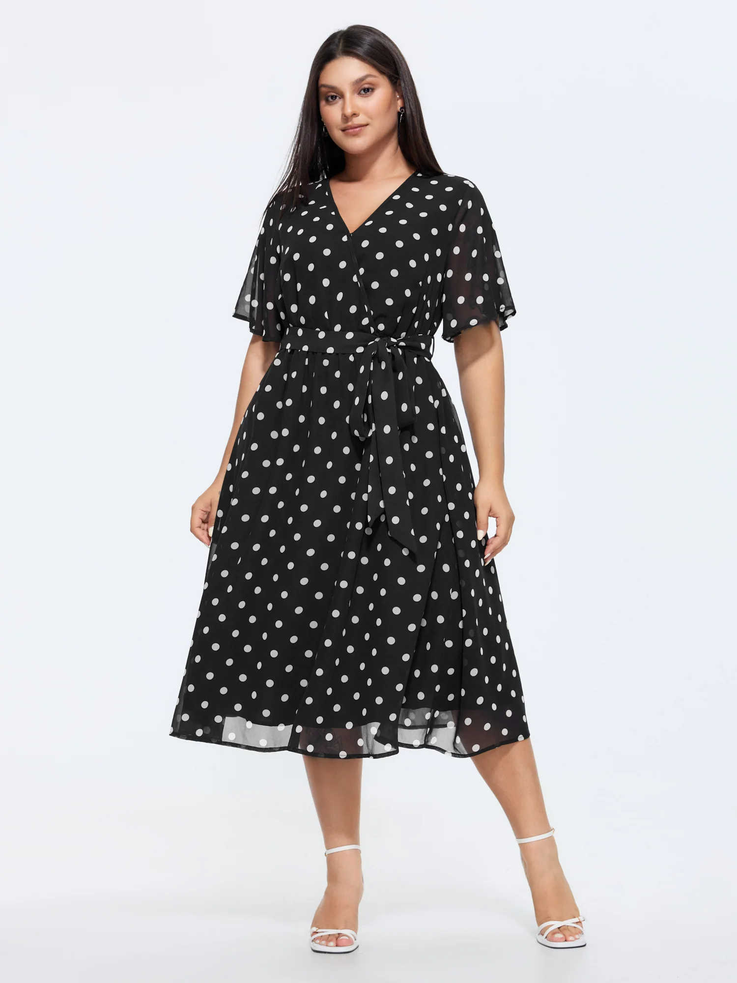 Polka Dots Print Pockets Midi Dress