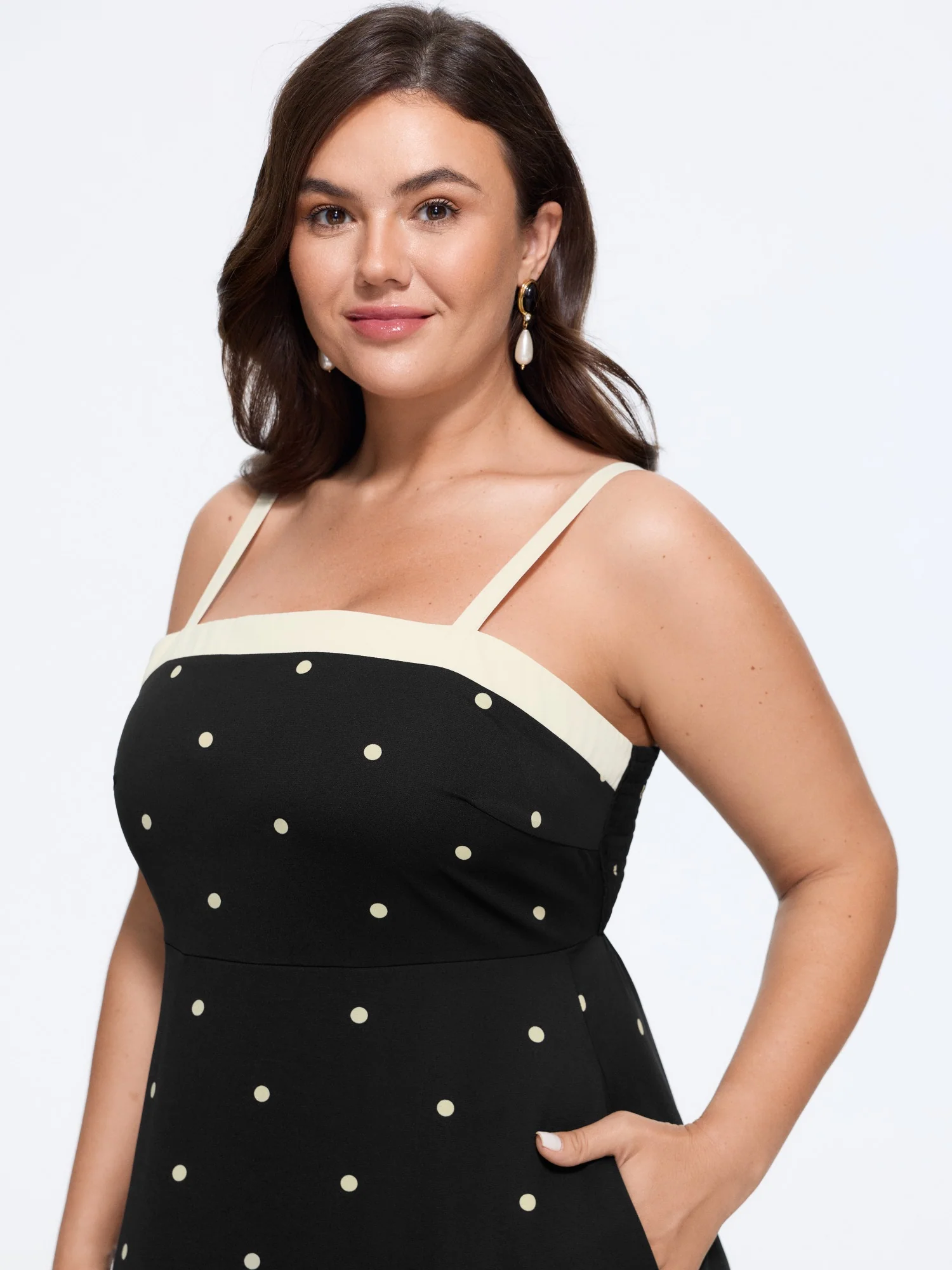 Polka Dot Color Block Hem Shirred Midi Dress
