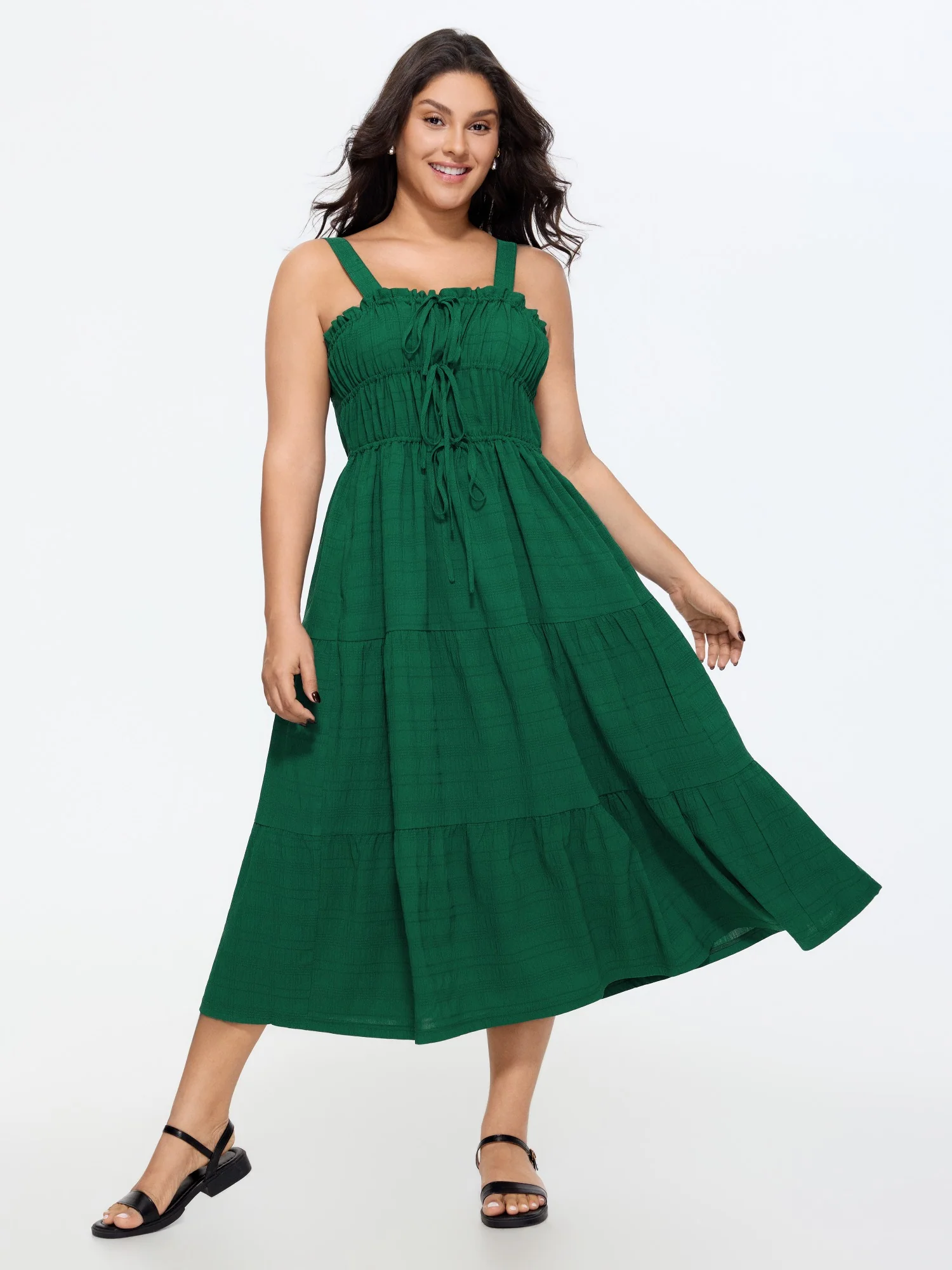 Adjustable Drawstring Neckline Ruffled Tiered Midi Dress