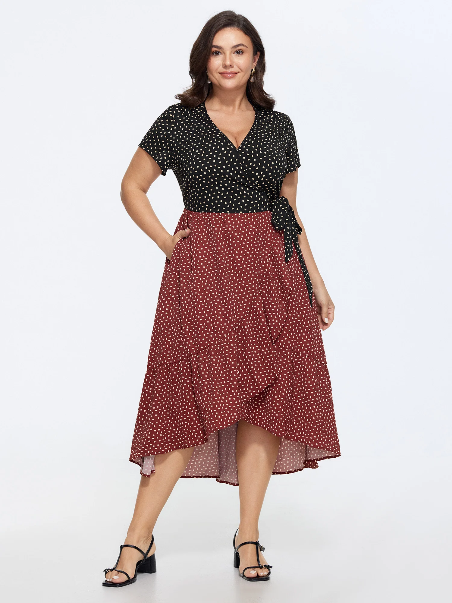 Polka Dots Ruffled Asymmetrical Hem Midi Dress