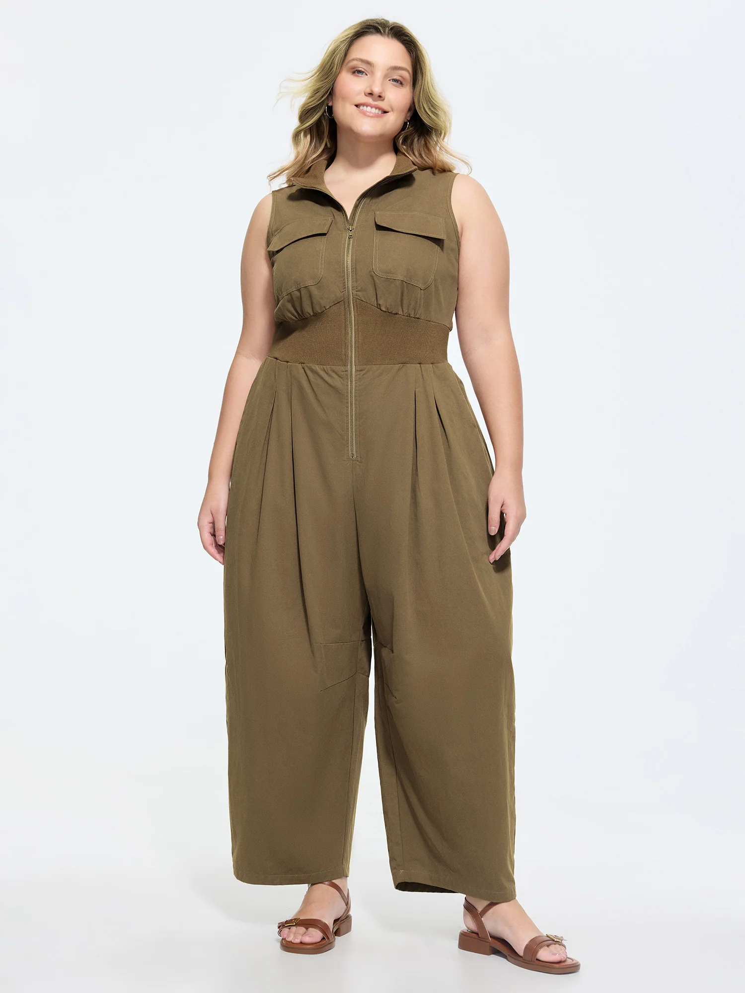 Cotton Zipper Pleated Waist-Defining Jumpsuit