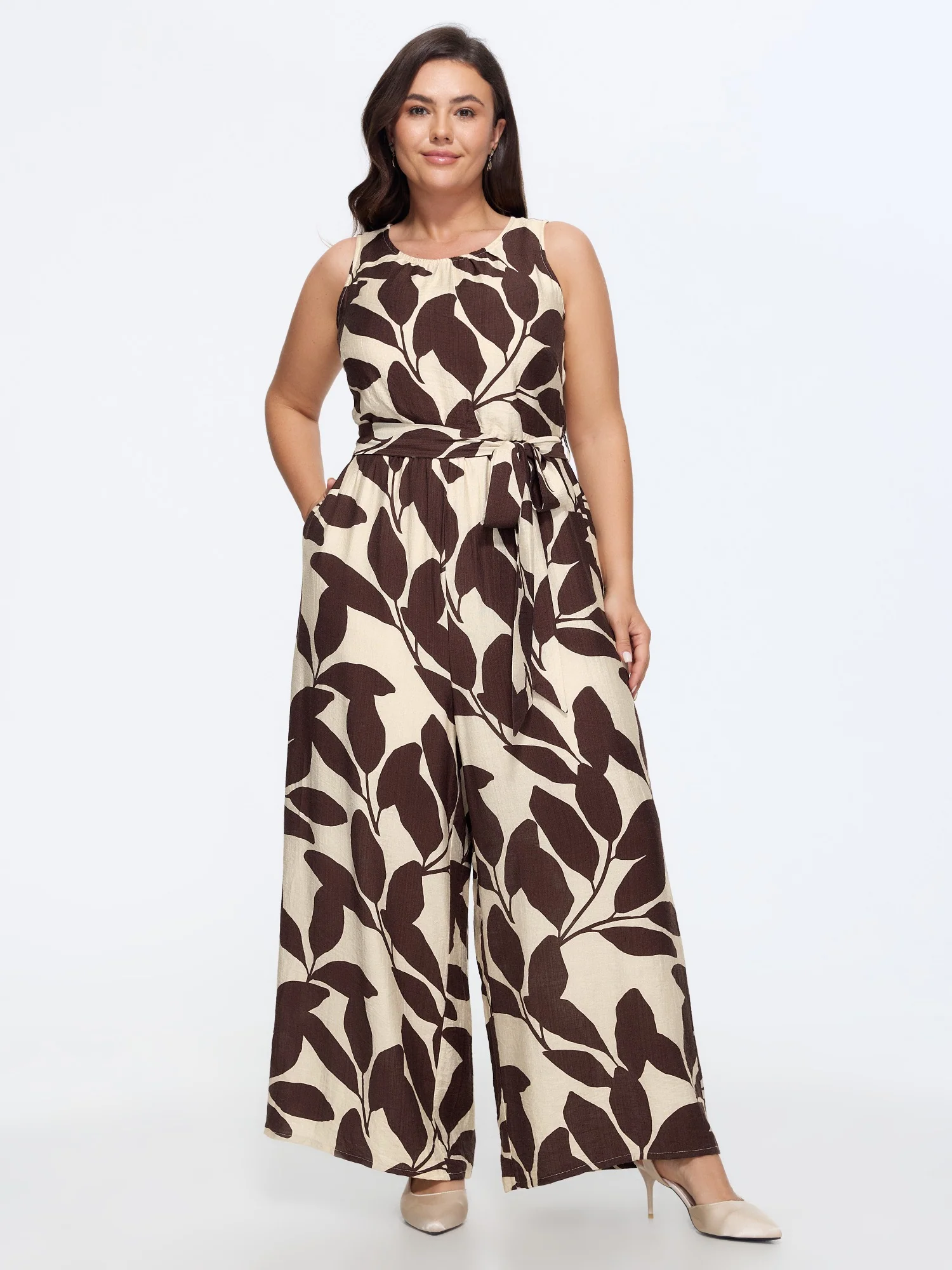 Round Neck Leaf Print Self Tie Wide Leg Jumpsuit