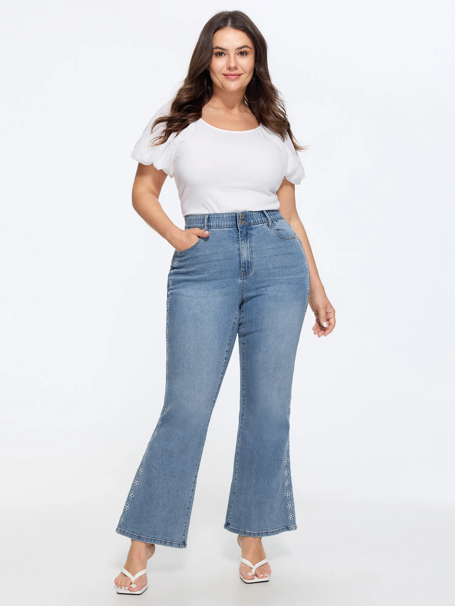 Stretchy Vintage Wash Floral Embroidery Bootcut Jeans