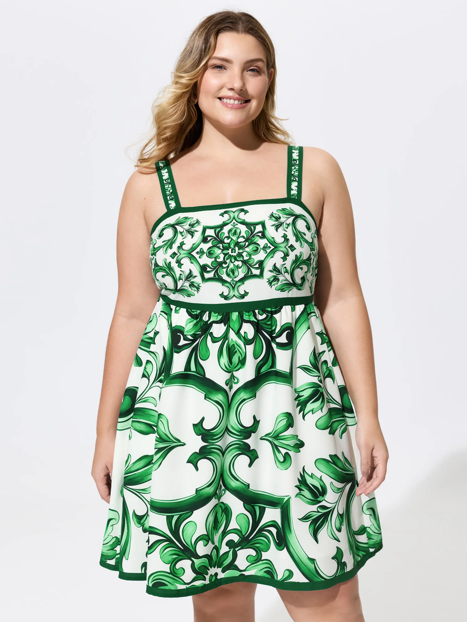 Geometric Print Shirred Wide-Strap Mini Dress