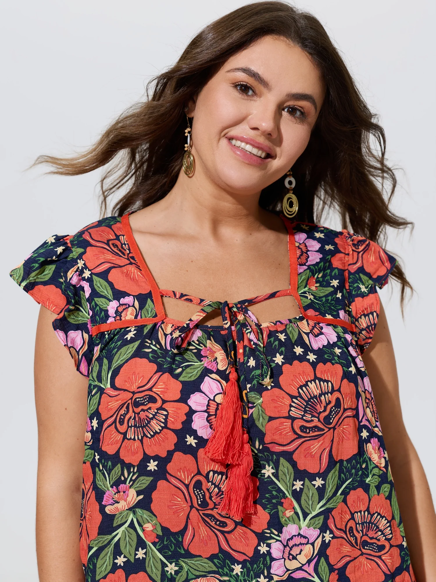 Vibrant Floral Print Flutter Sleeve Blouse