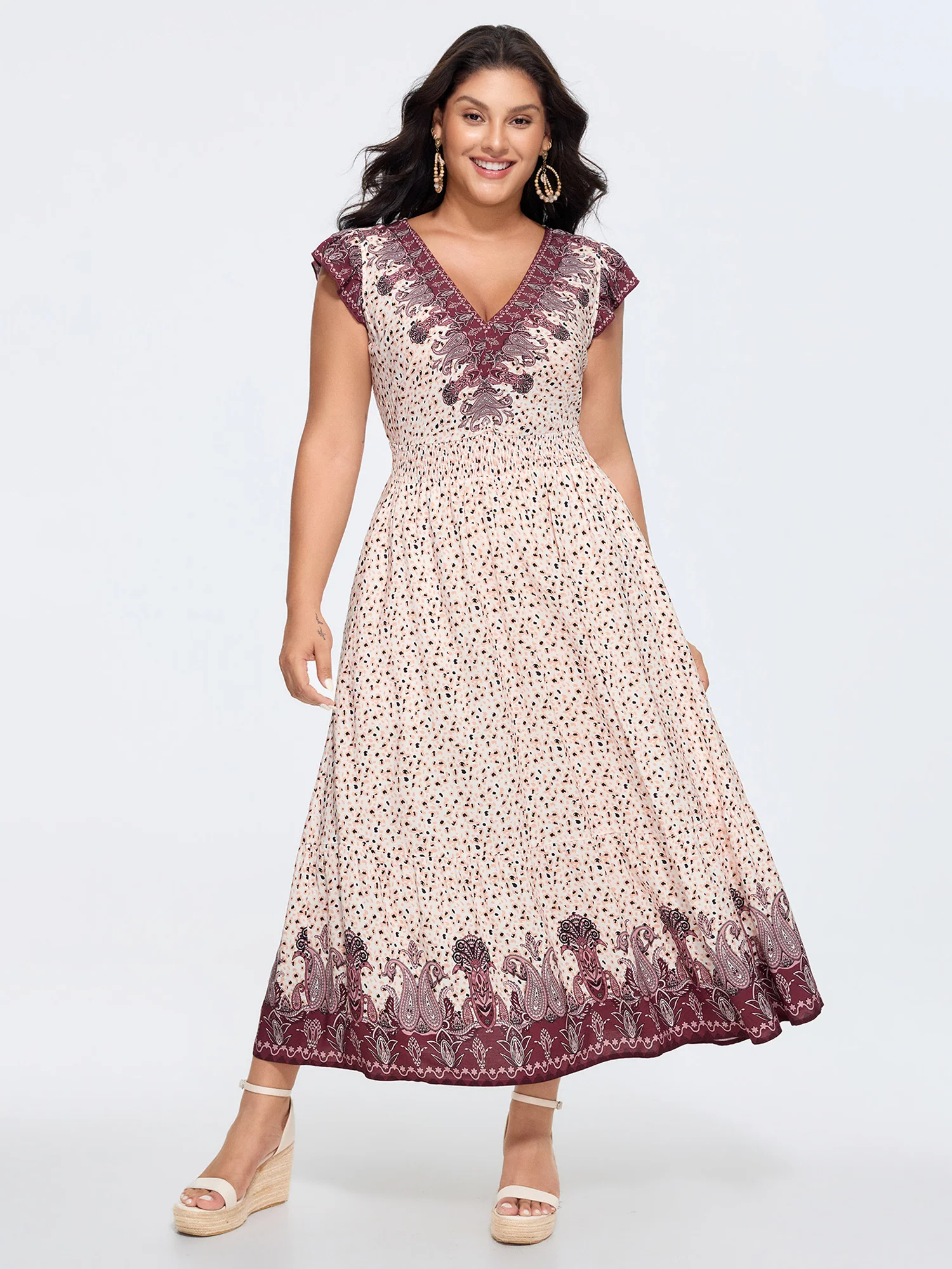 Floral Print Color Contrast V-Neck Midi Dress