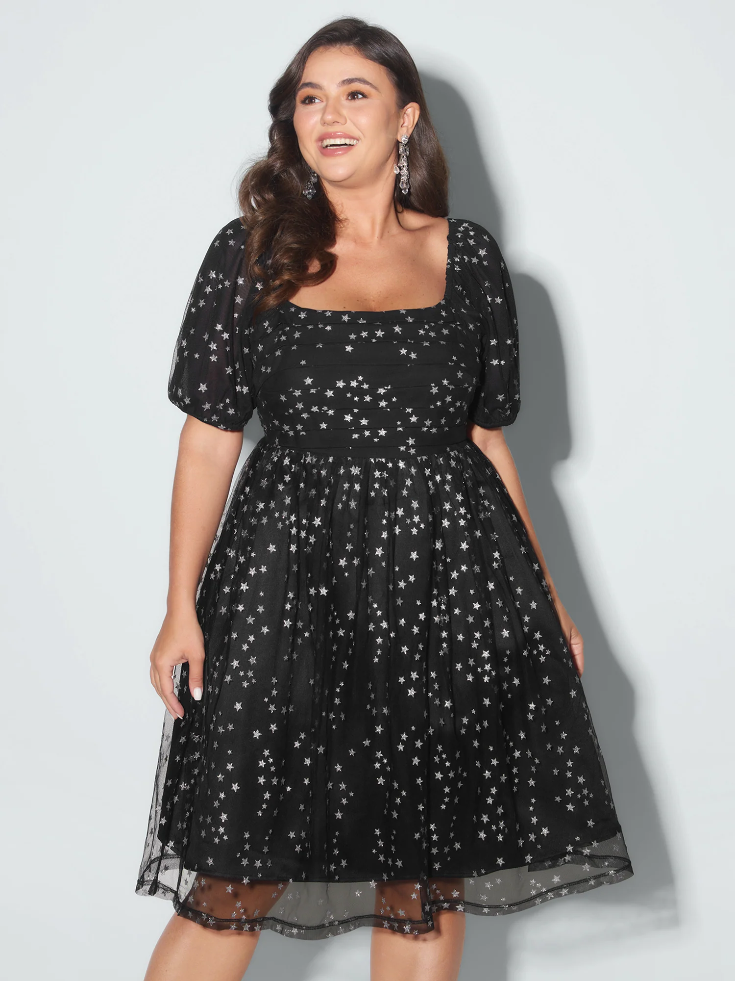 Star Moon Mesh Sequin Fit And Flare Mini Dress