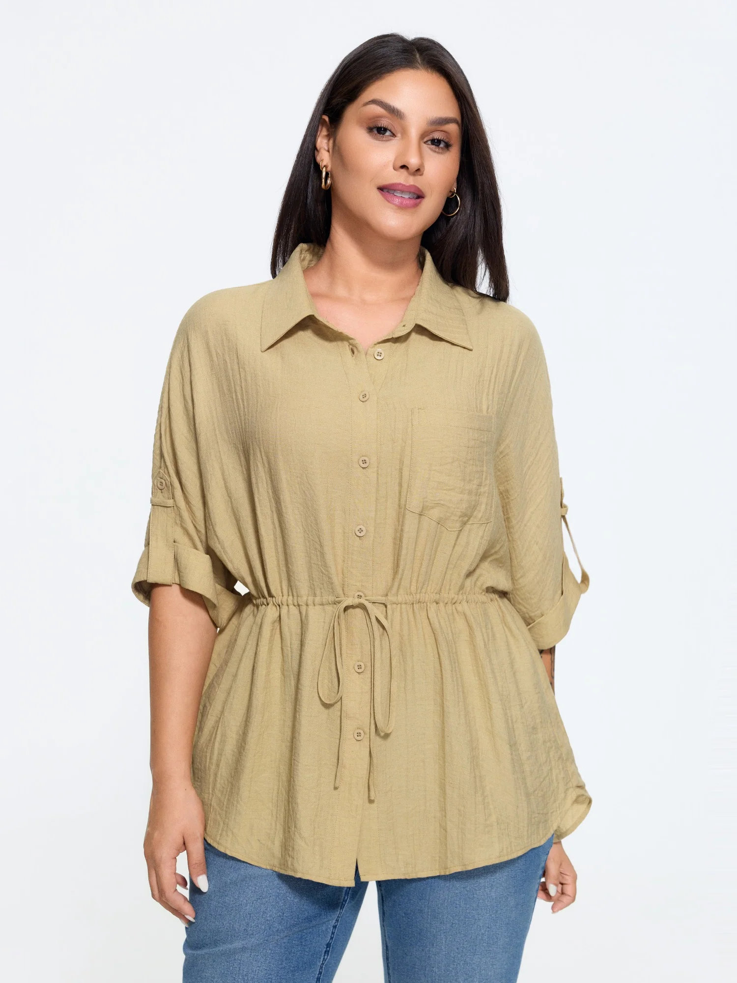 Roll Tab Sleeve Drawstring Waist Blouse