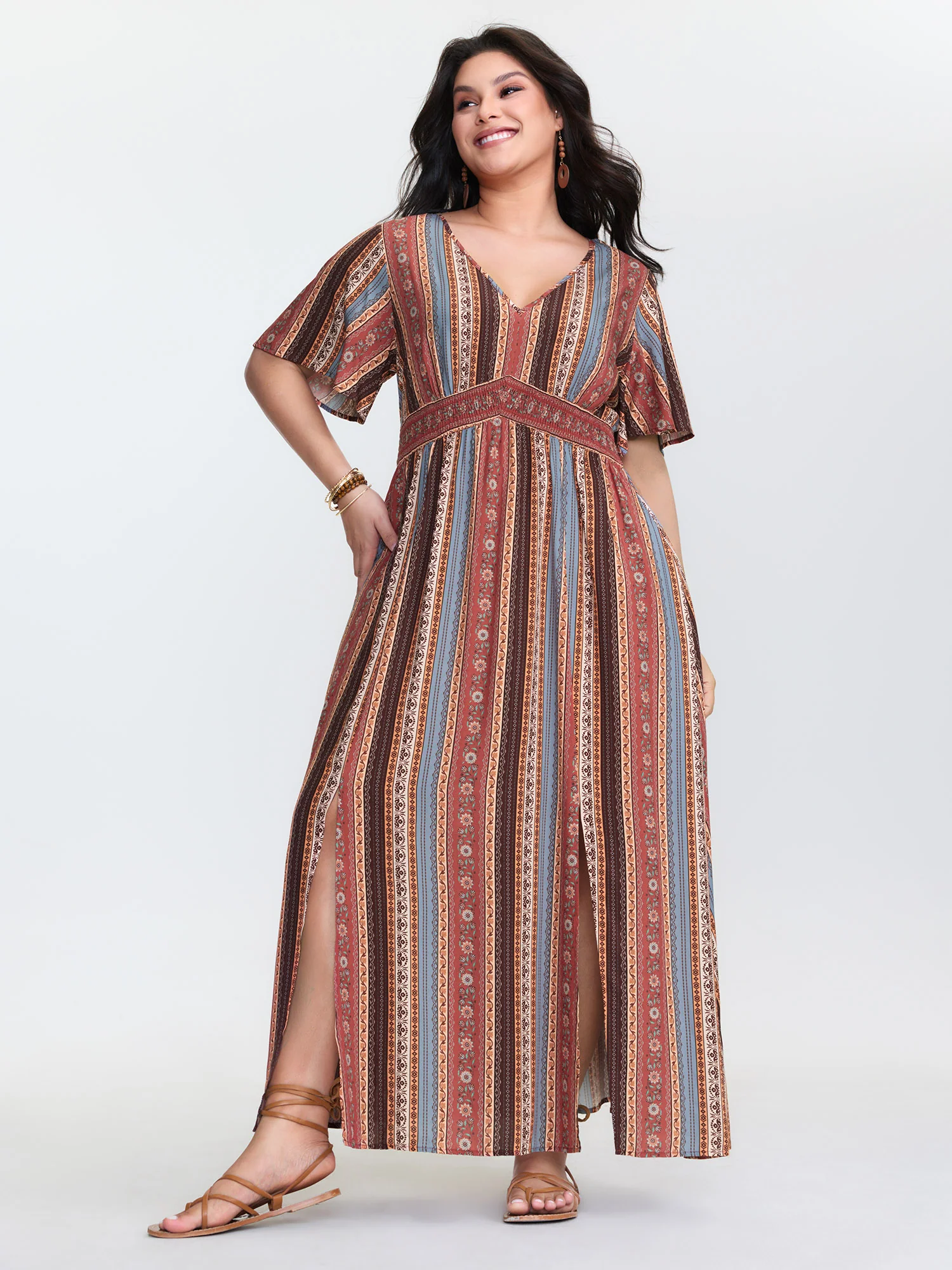 Boho Striped Print Cinched-Waist Maxi Dress