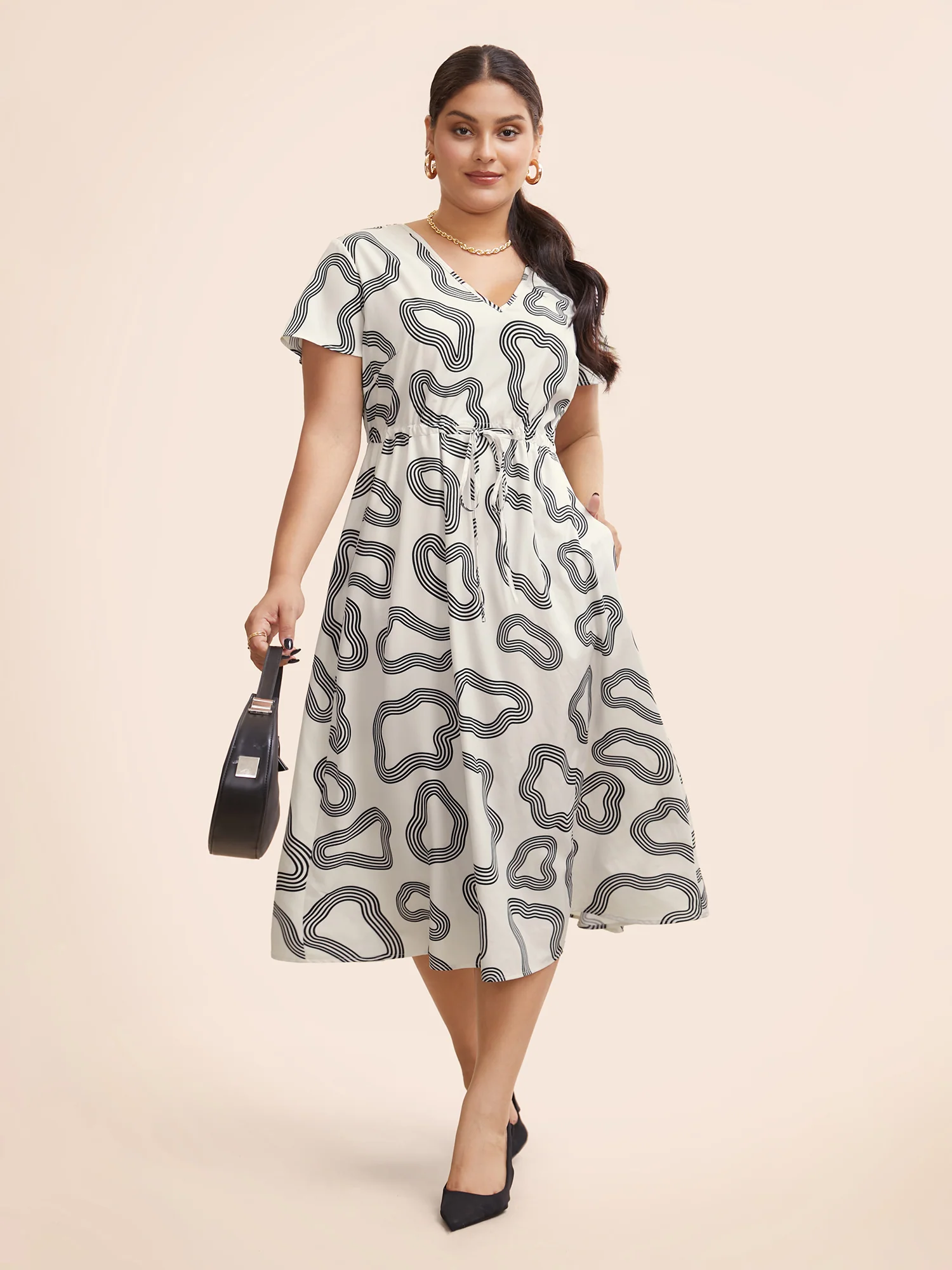 V Neck Geometric Drawstring Midi Dress