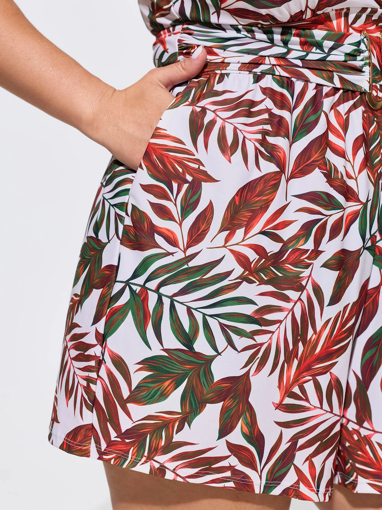 Tropical Palm Leaf Print Metal Buckle Detail One-Piece Swimsuit