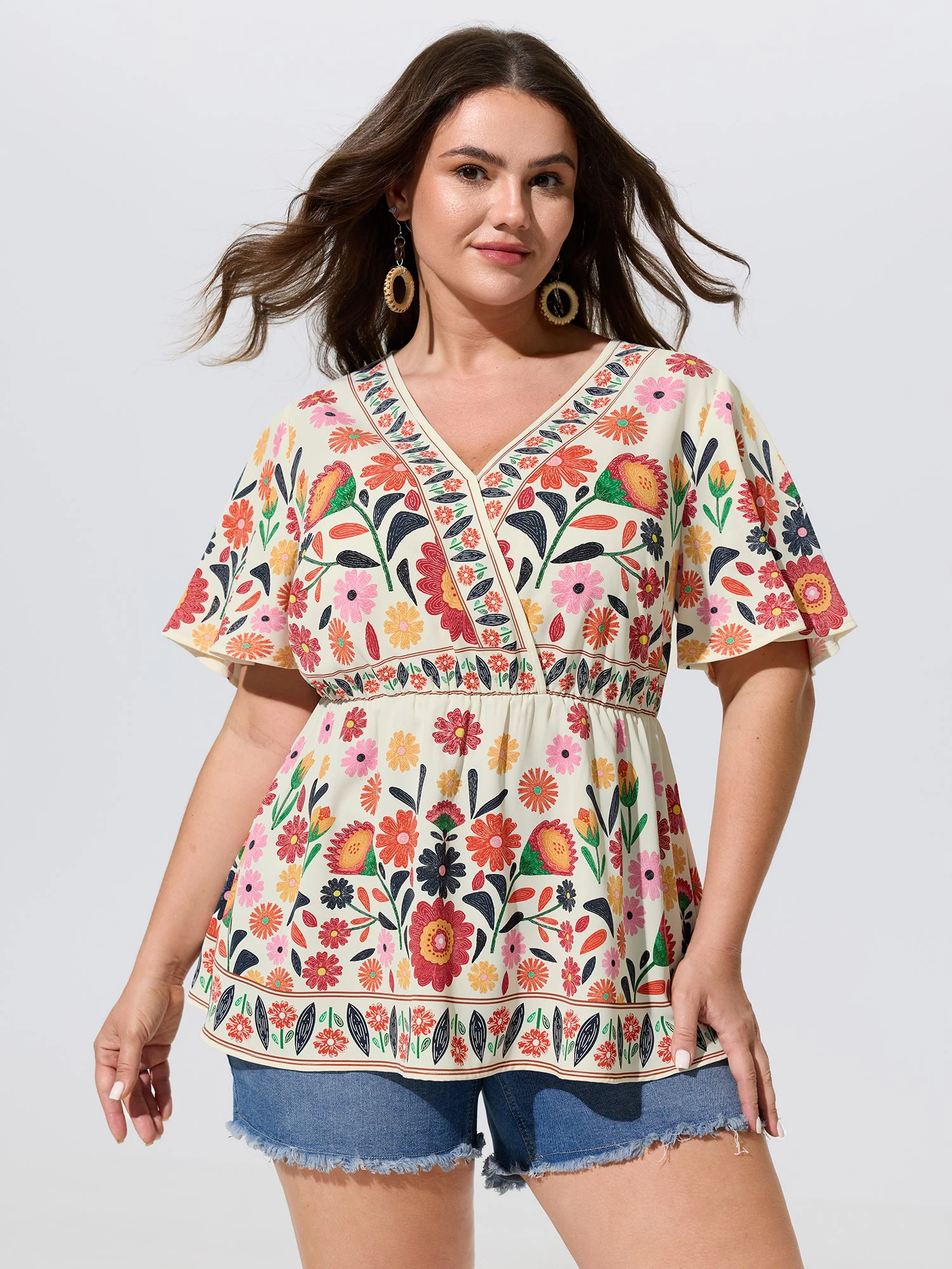 V Neck Colorful Floral Print Babydoll Blouse