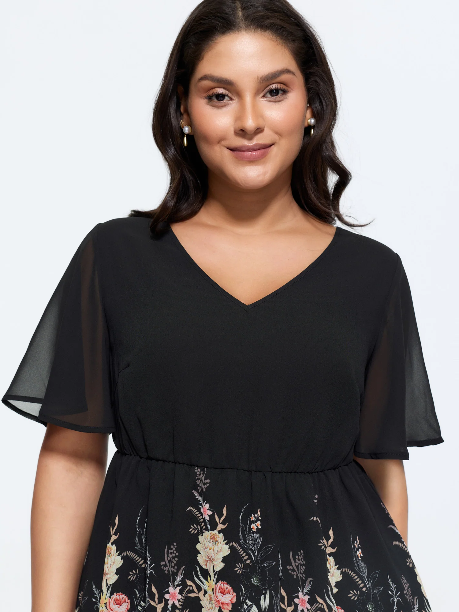 Floral Mesh V-Neck Fit And Flare Top