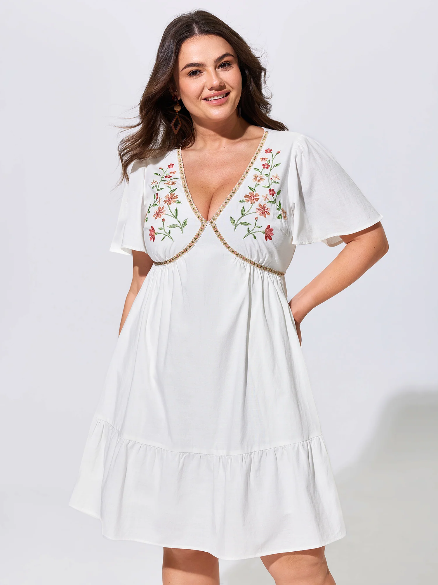 Floral Embroidered V-Neck Ruffled Hem Mini Dress