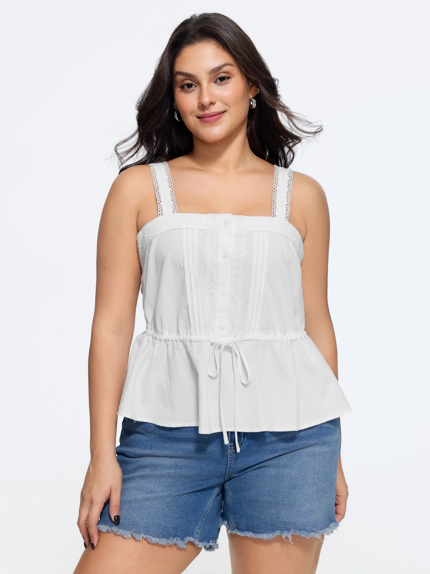 Cotton Lace Trim Drawstring Waist Tank Top