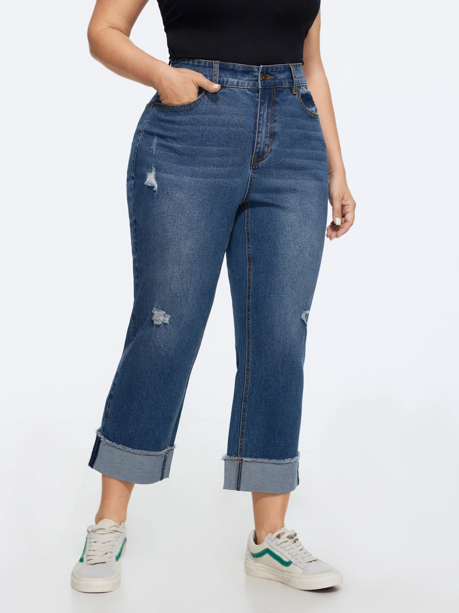 Stretchy Folded Hem Straight-Leg Jeans