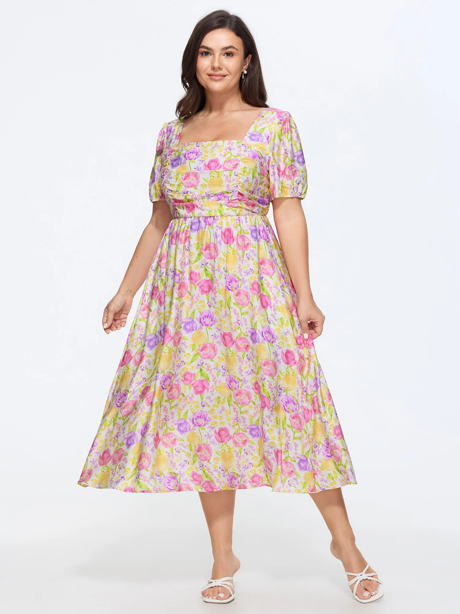Supersoft Floral Print Pleated Bodice Square Neckline Midi Dress