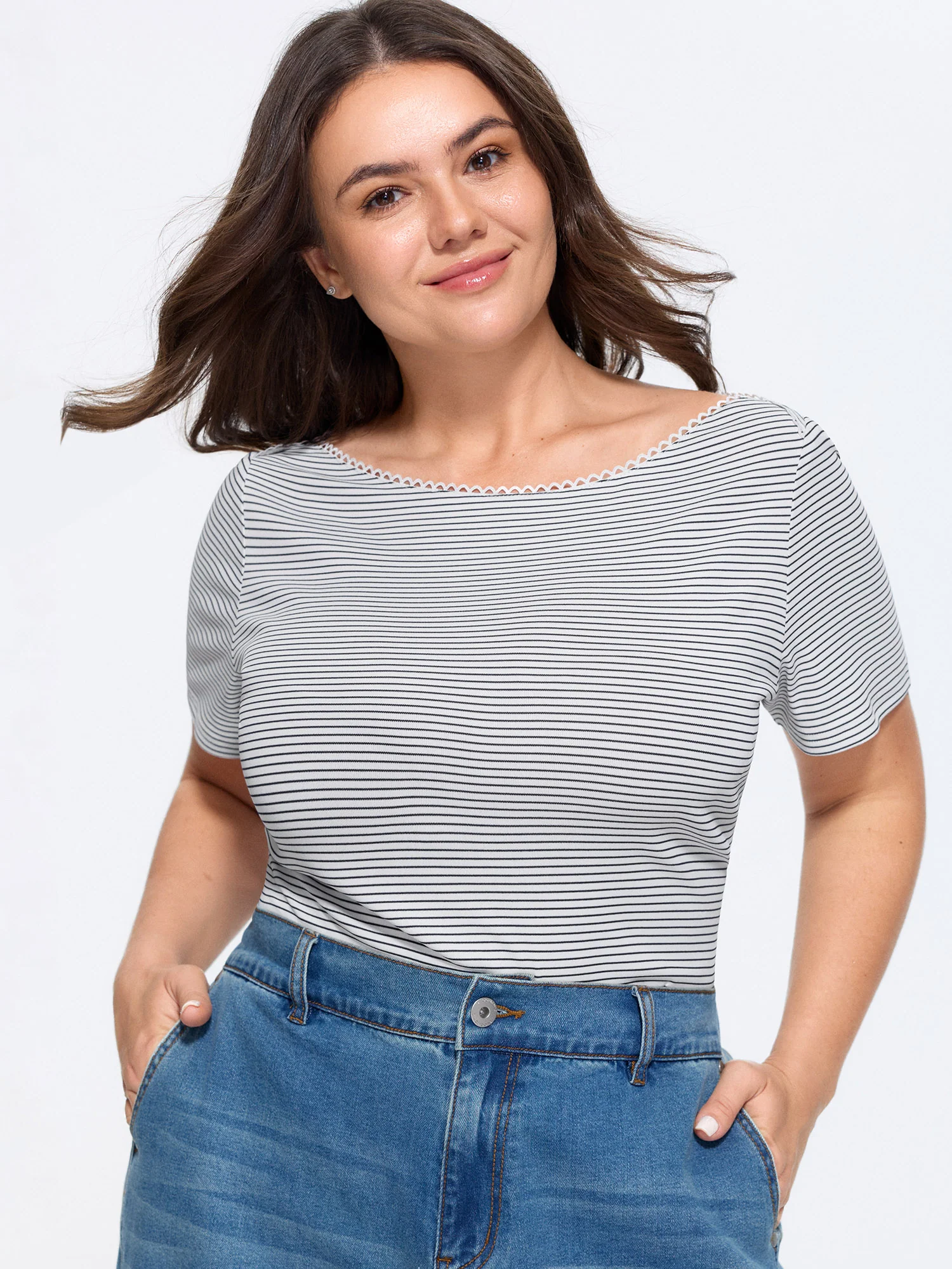 Scallop Boat Neck Striped-Print T-Shirt