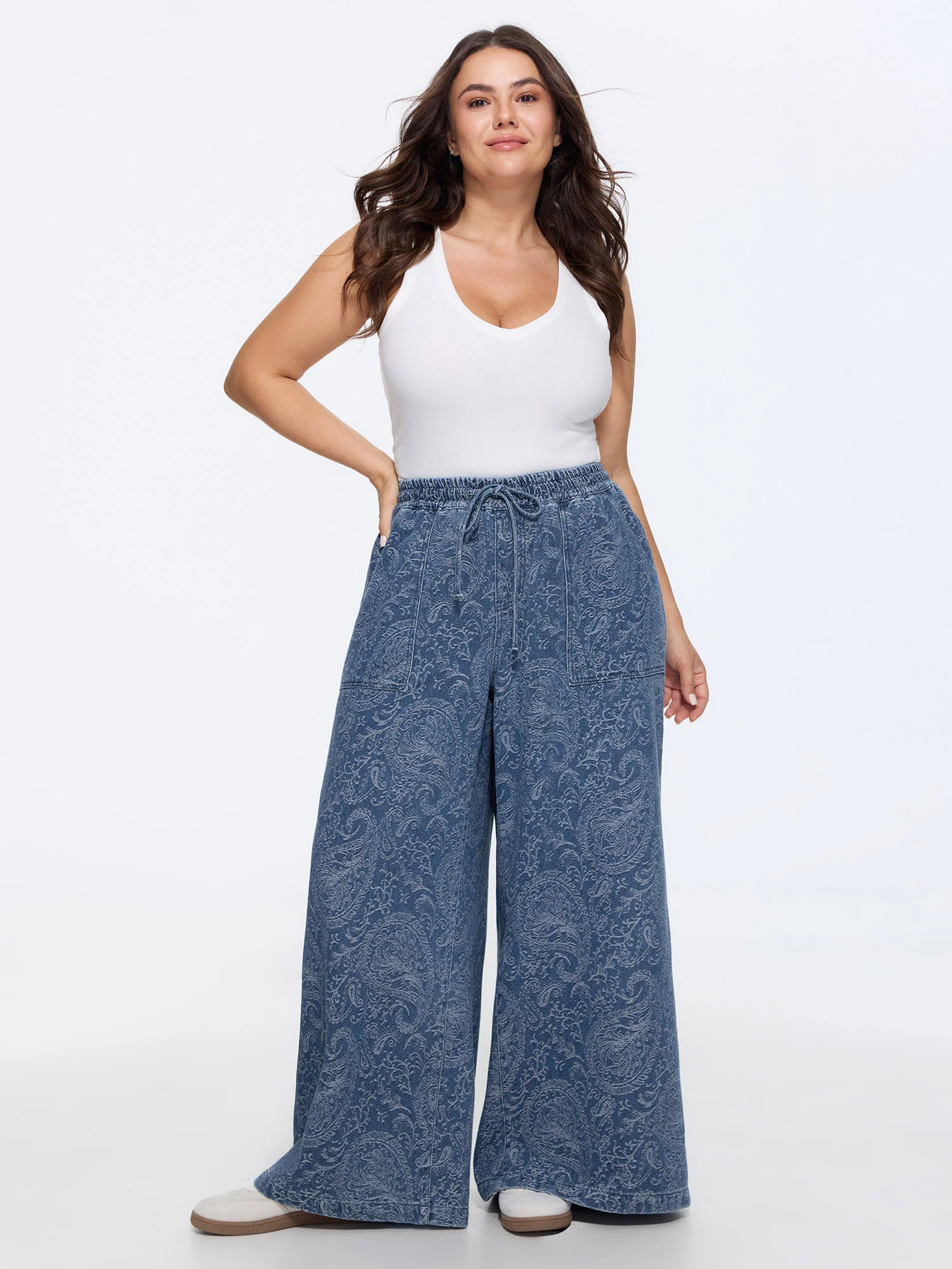 Washed Paisley Print Drawstring Wide Leg Jeans