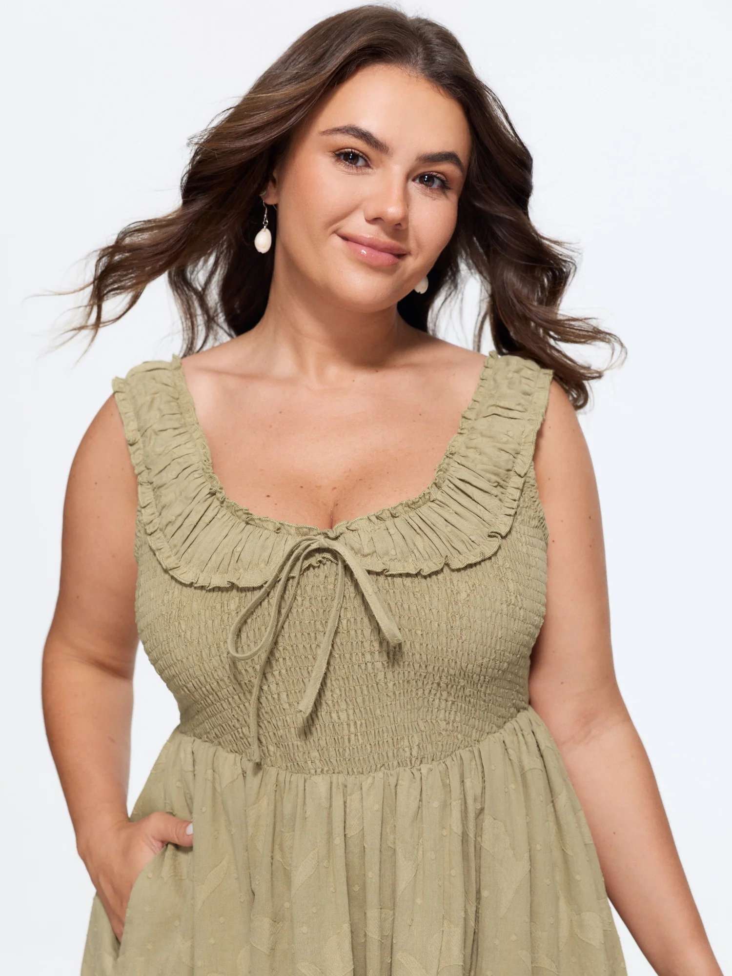 Cotton Textured Shirred Bodice Midi Dress