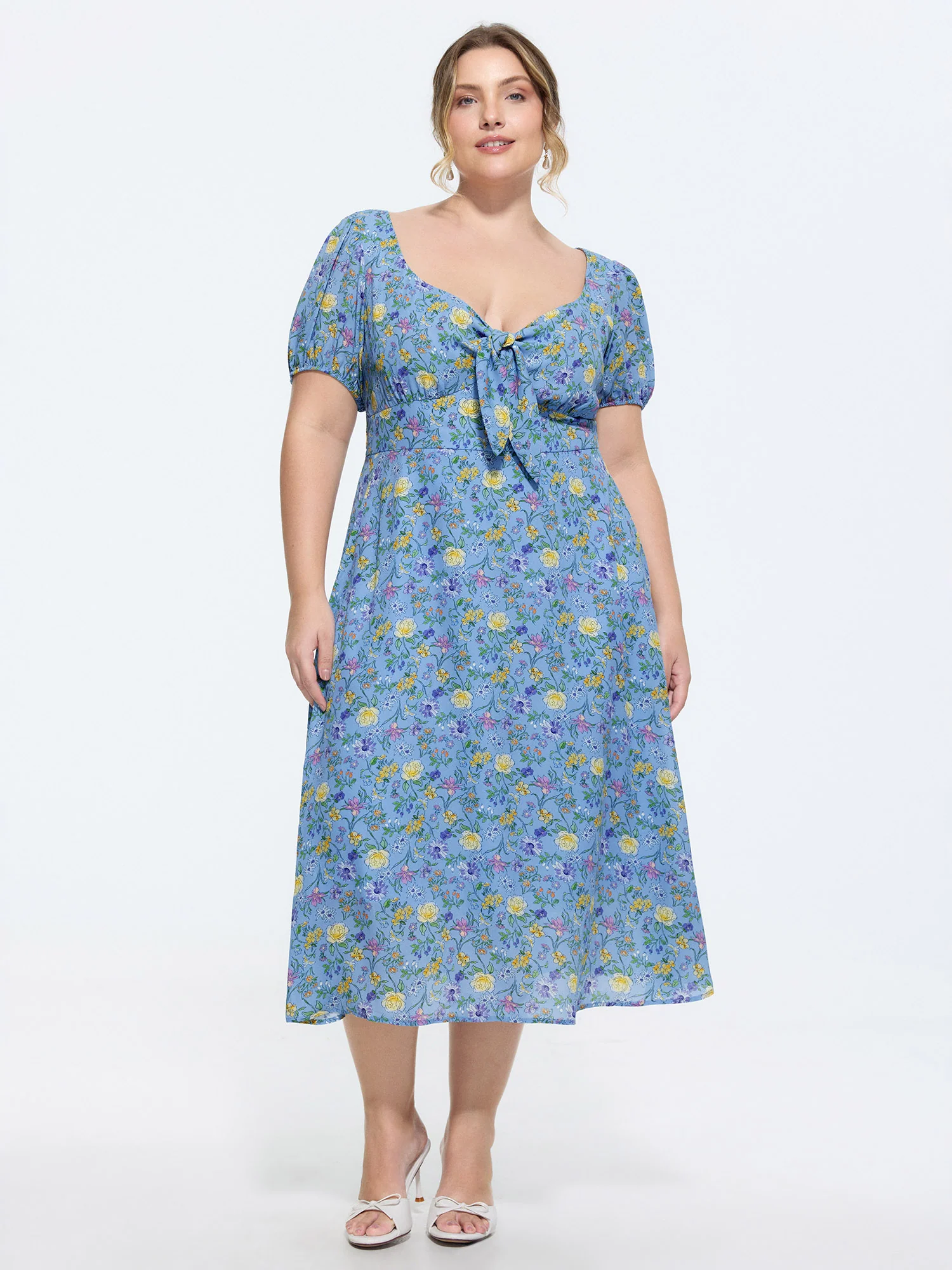 Floral Print Knotted-Front Ruched Midi Dress