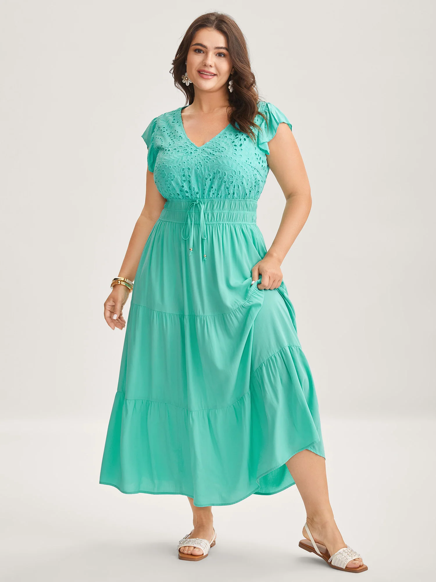 Cotton Embroidered Tie Pockets Maxi Dress
