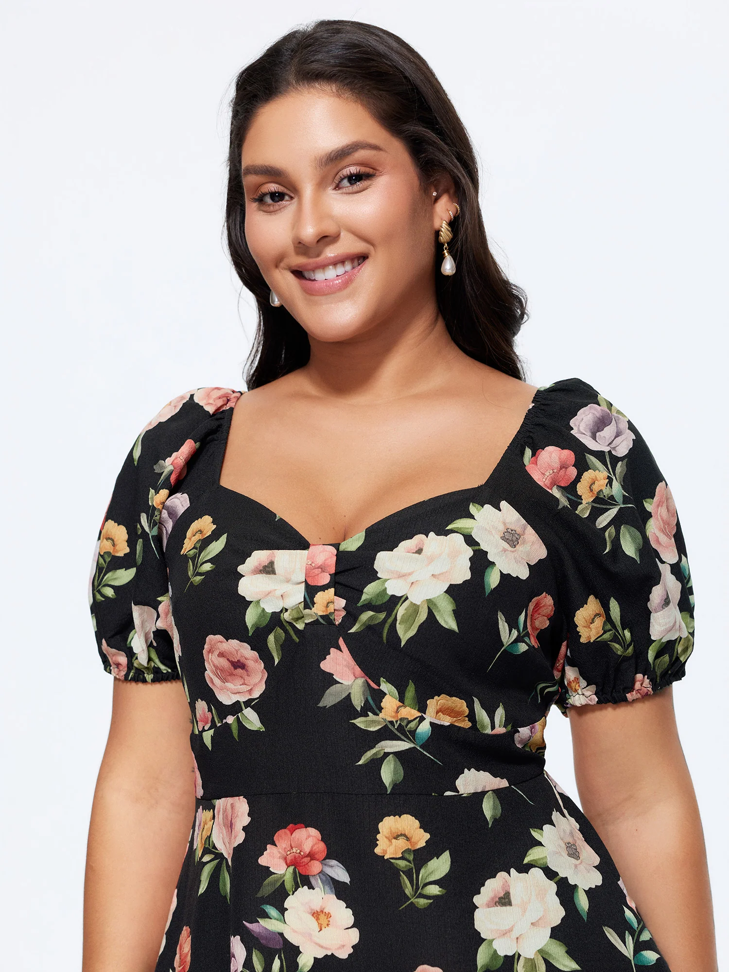 Floral Print Puffy Sleeve Shirred Midi Dress