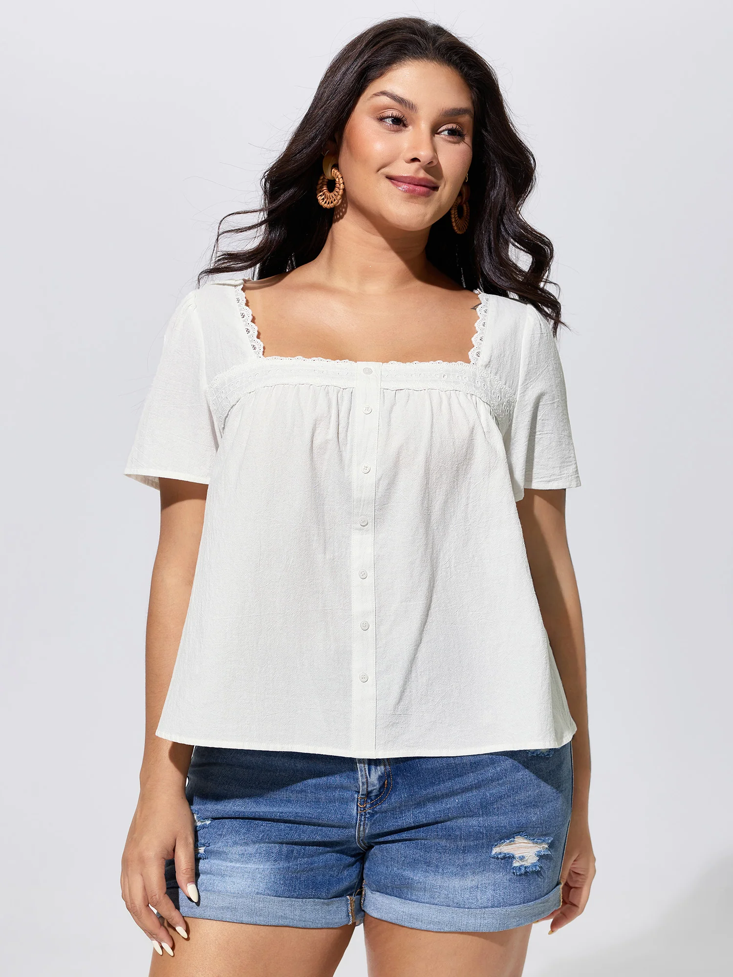 Cotton Lace Trim Square Neck Spliced Blouse