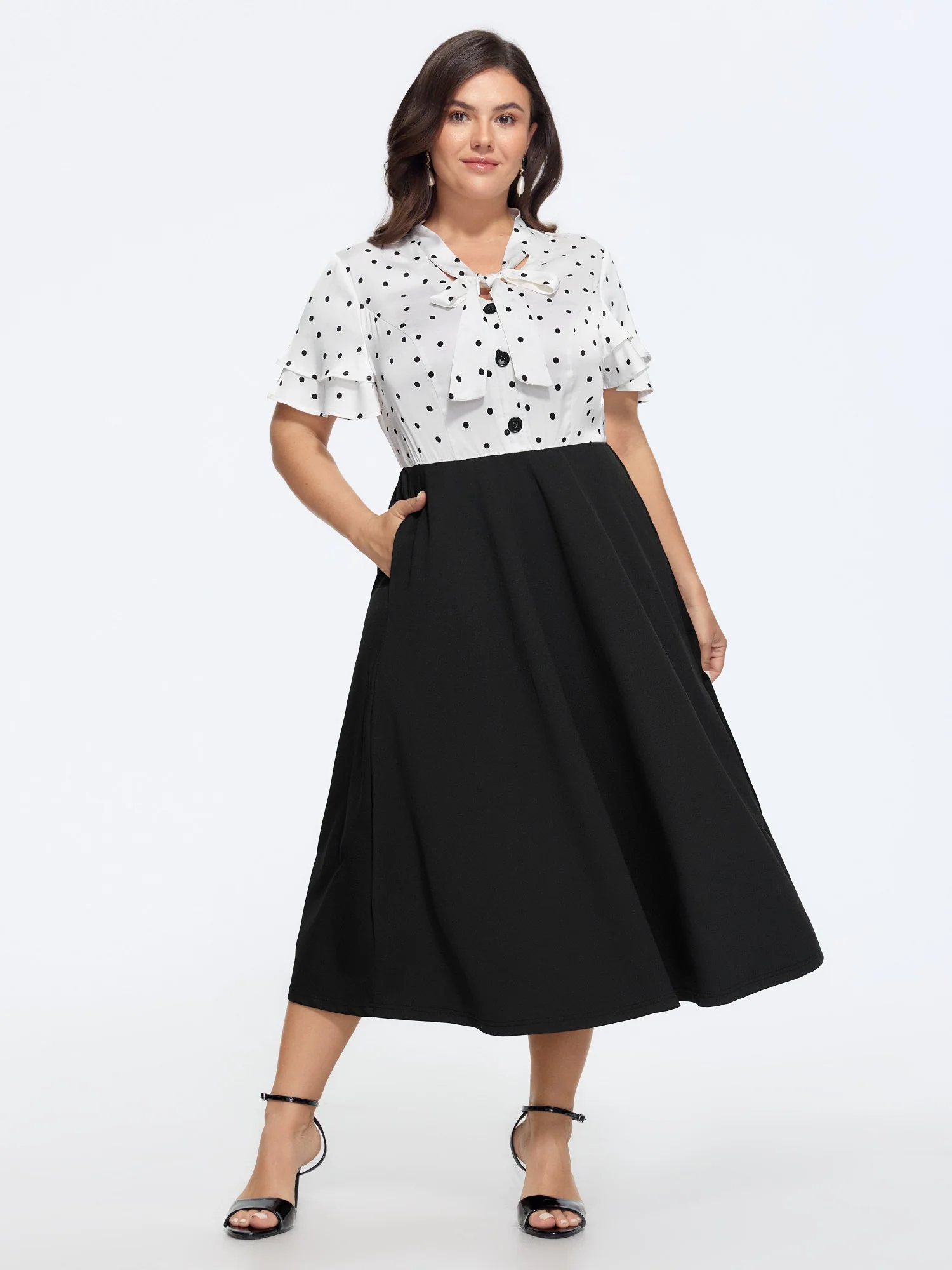 Polka Dot Print Bow Tie Button Midi Dress