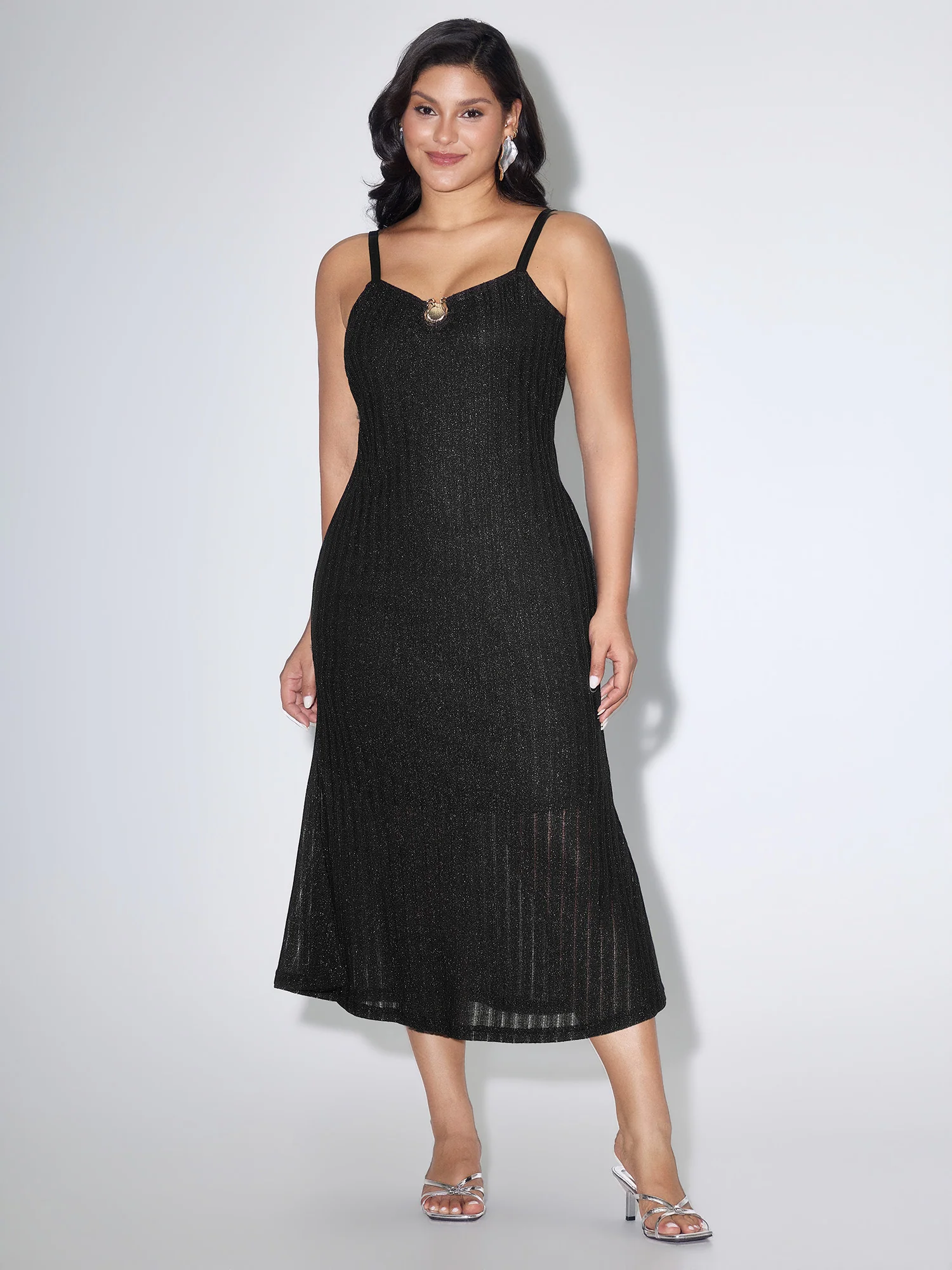 Shimmer Ribbed Gold Charm Detail Midi Dress