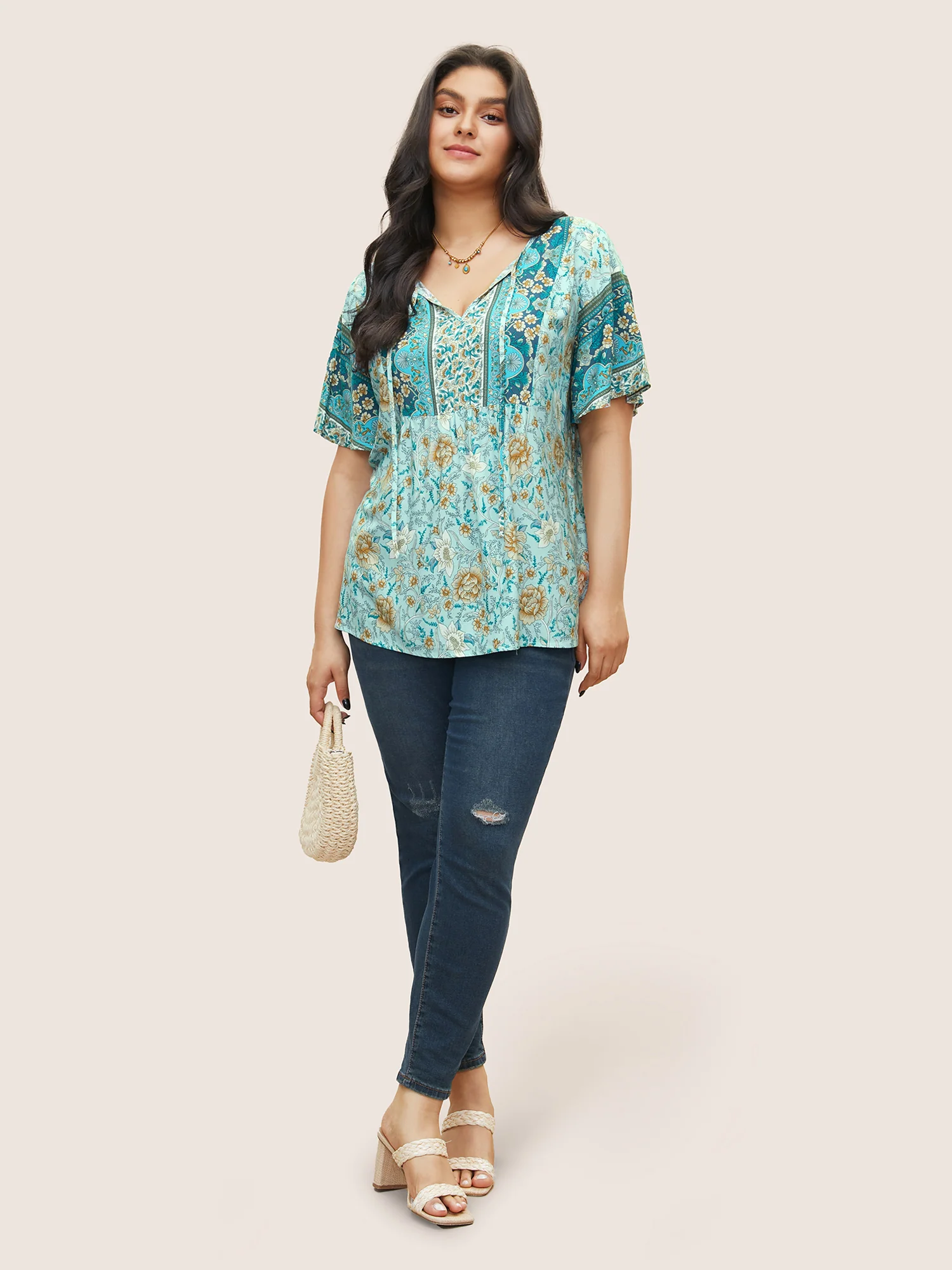 Boho Print Tie Neck Gathered Blouse