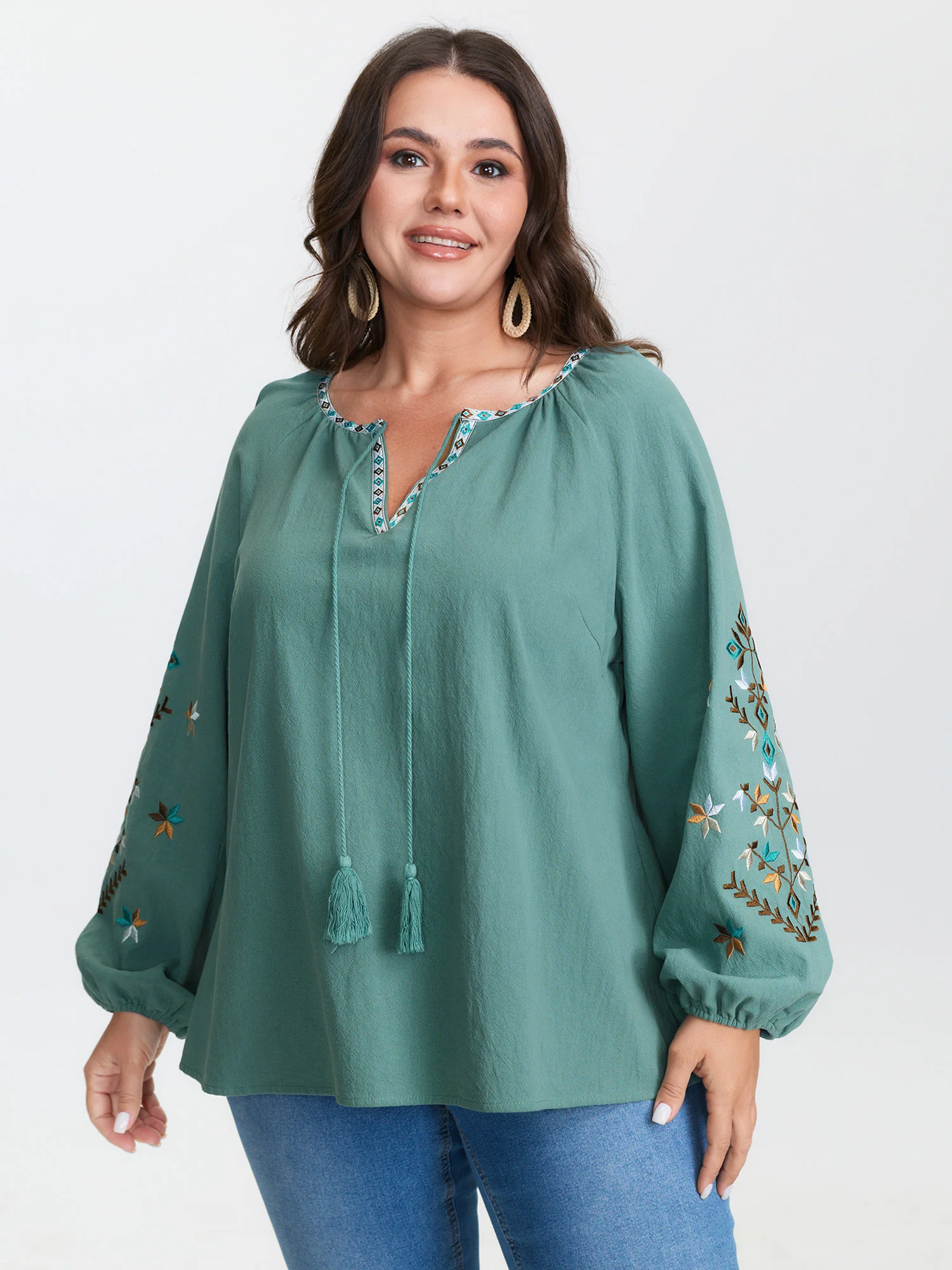Cotton Floral Embroidered Sleeve Neckline Tie Blouse