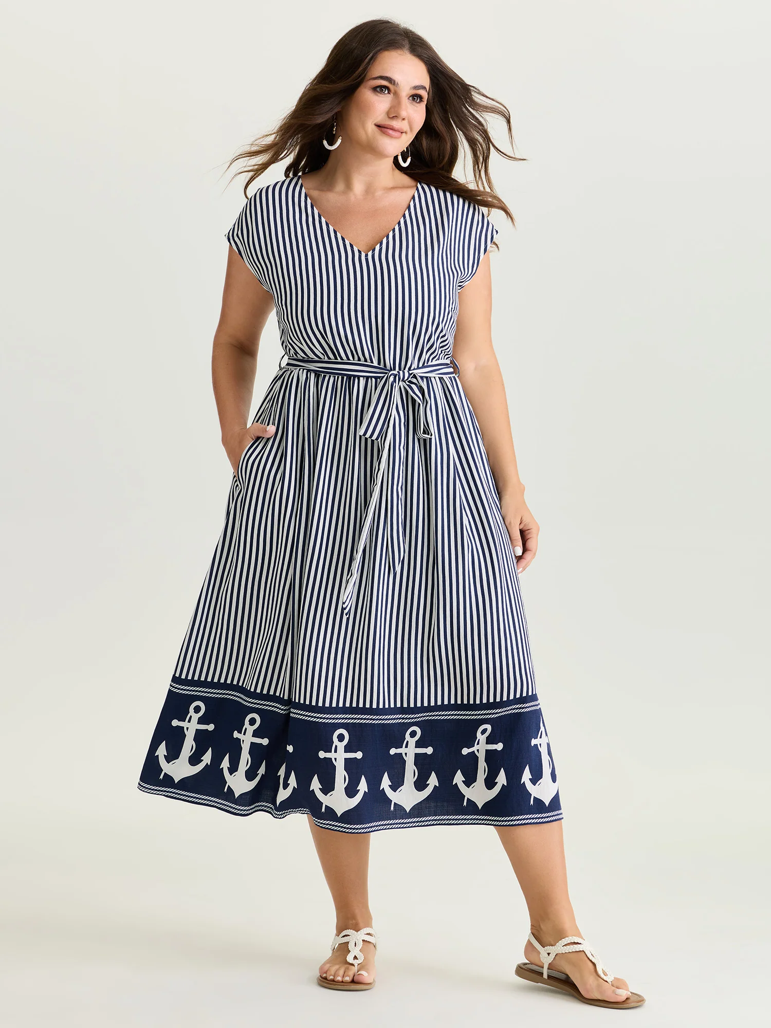 Nautical Stripe Waist-Tie Midi Dress