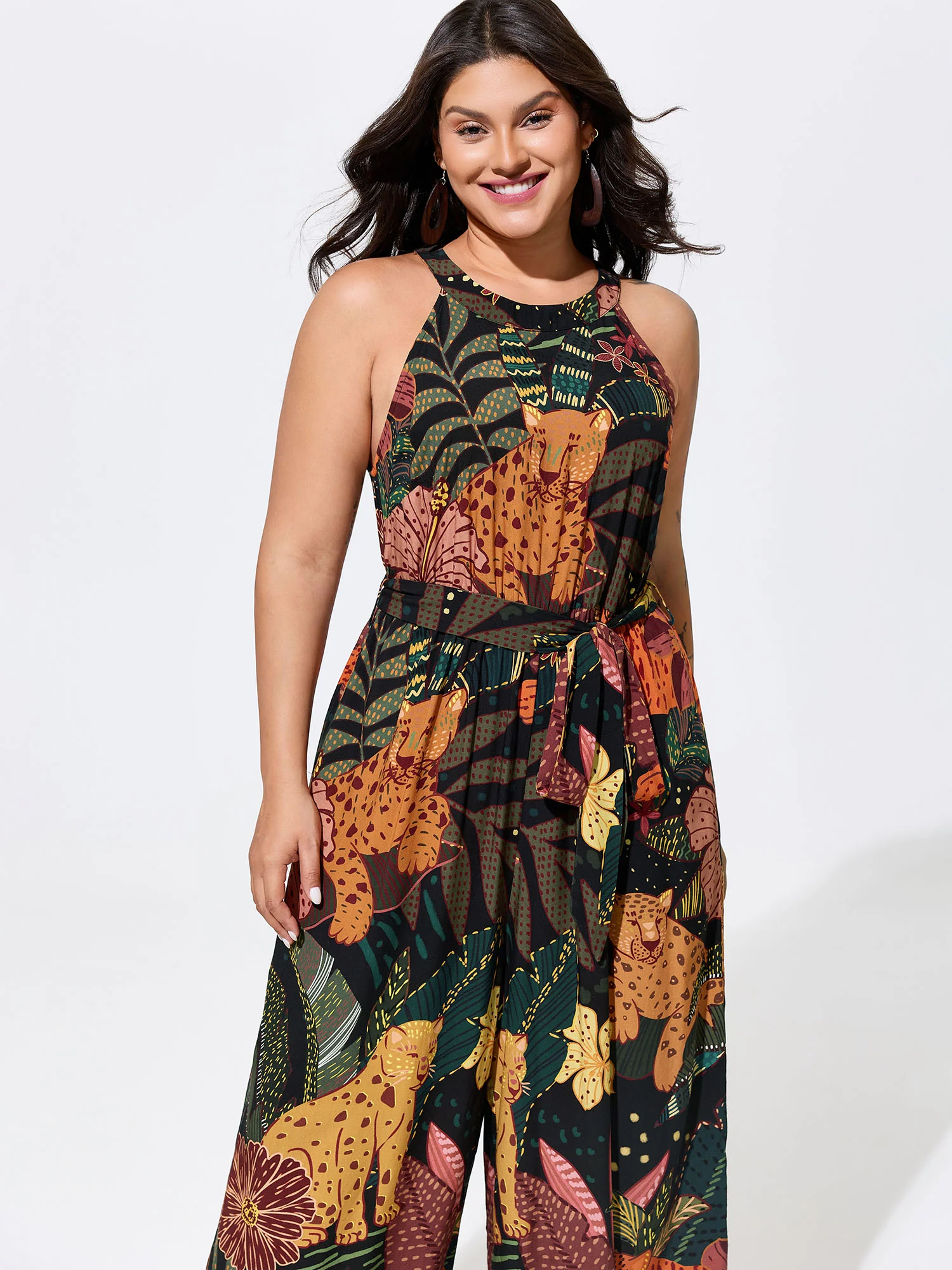 Wild Print Halter Neckline Sleeveless Jumpsuit