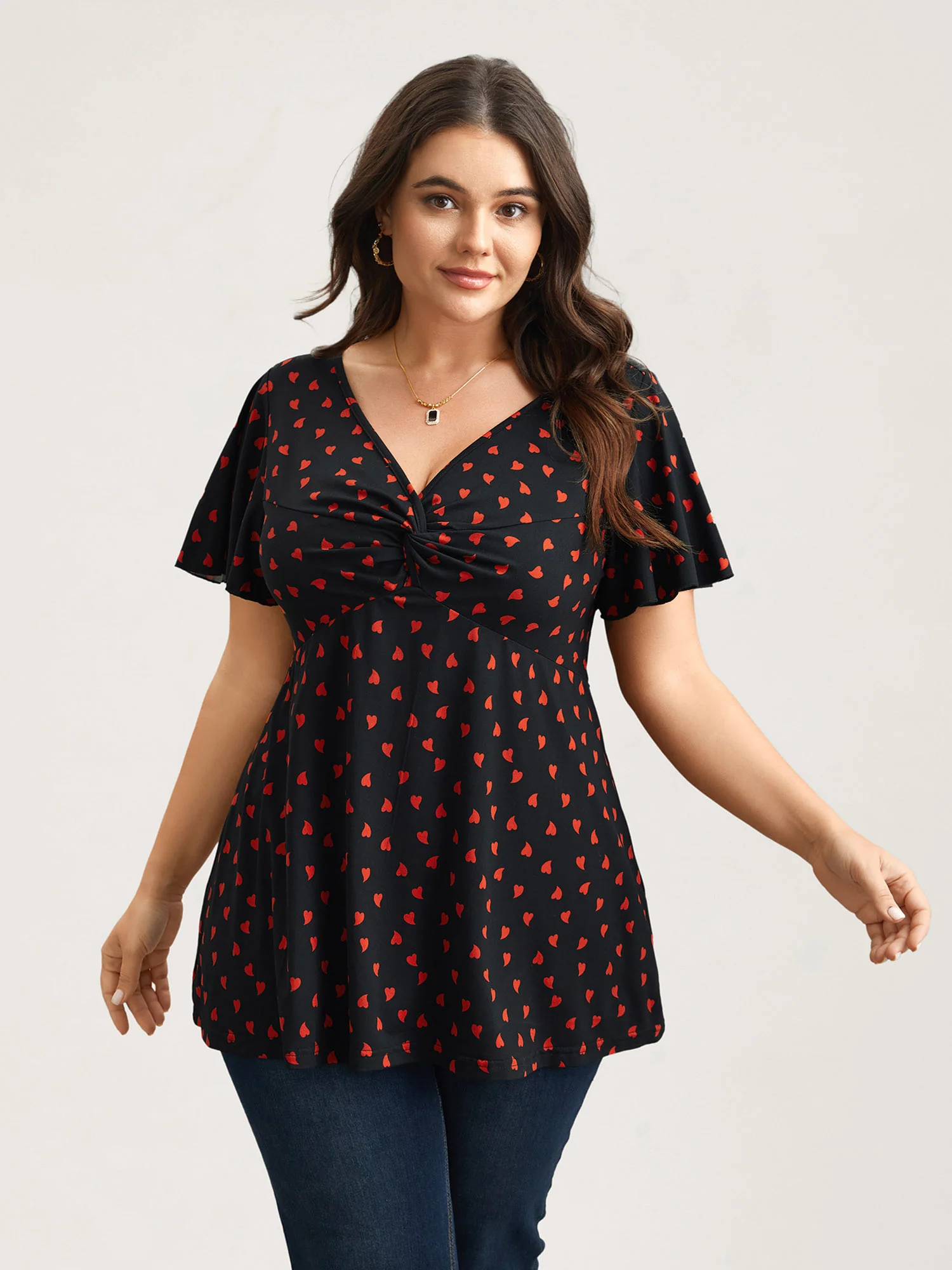 Heart Print Ruched Bust Stretchy Top