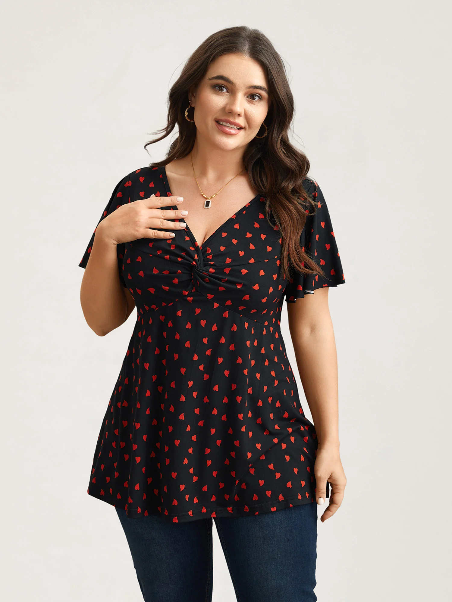 Heart Print Ruched Bust Stretchy Top