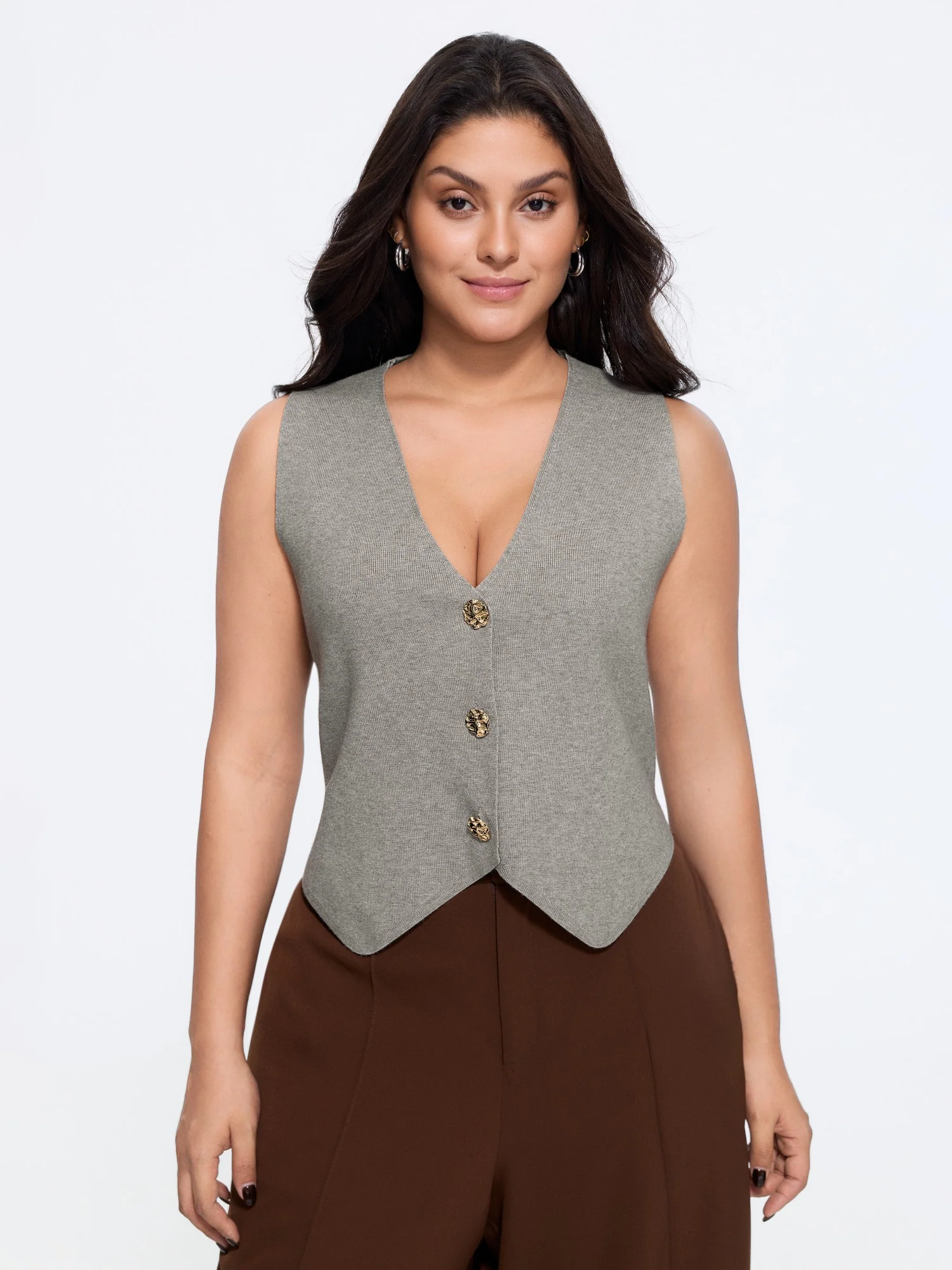 Heather Ribbed Metal Buttons Sweater Vest
