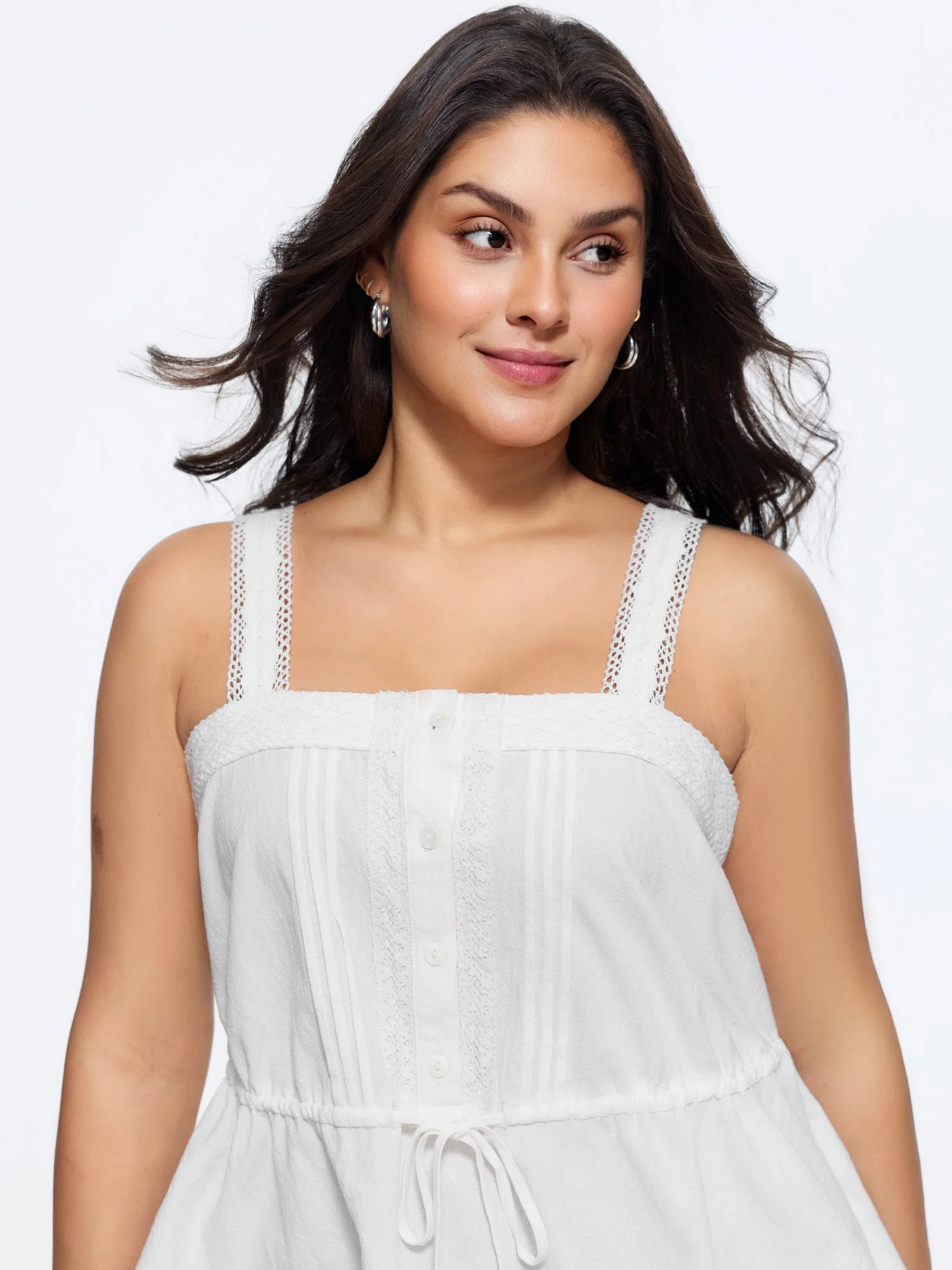 Cotton Lace Trim Drawstring Waist Tank Top