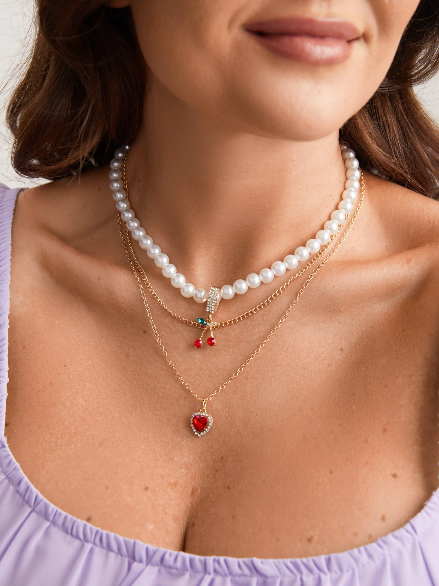 Pearl Decor Heart Charm Layered Necklace