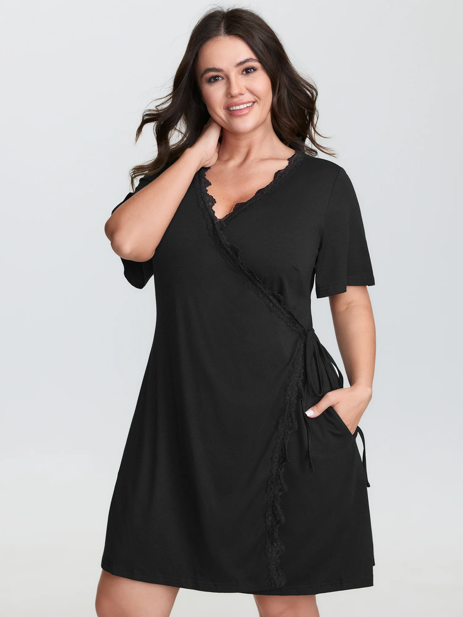 Lace Trim Side-Tie Pockets Nightgown