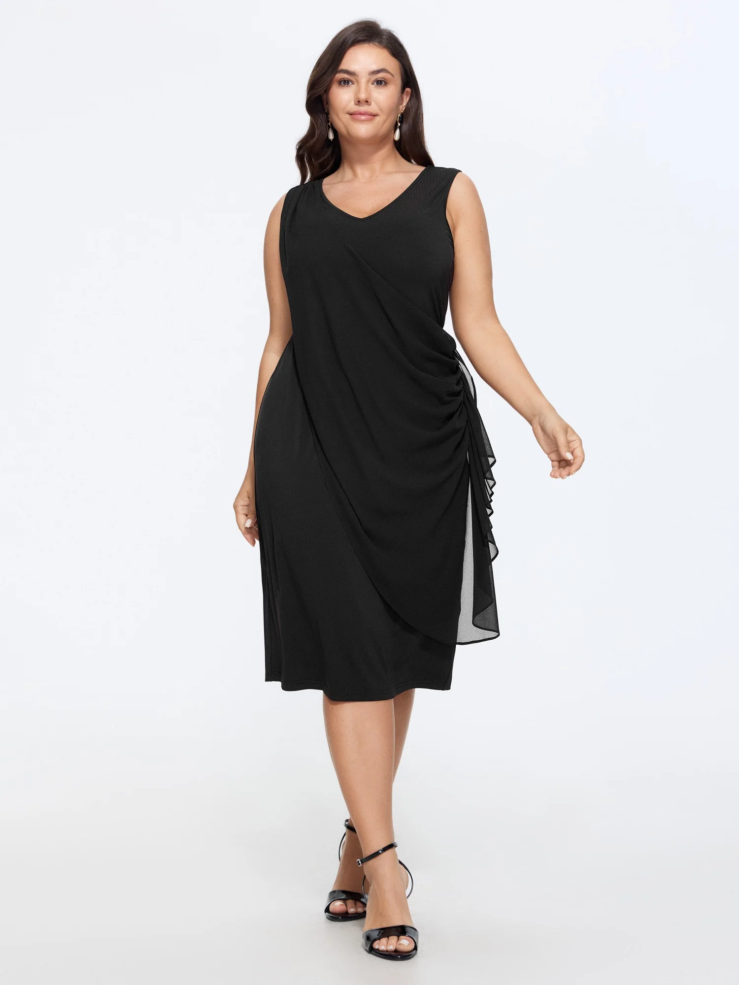 Mesh Ruffle Side Drawstring Bodycon Midi Dress