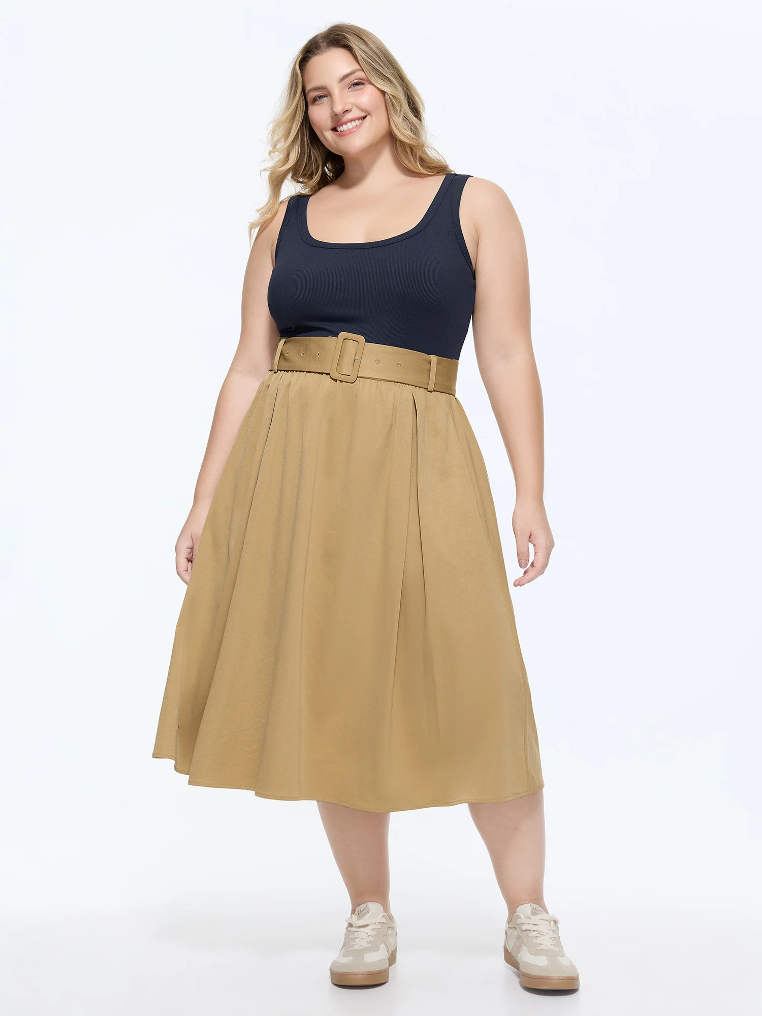 Supported Bra Wide Waist Belt Pleated Plain Midi Dress