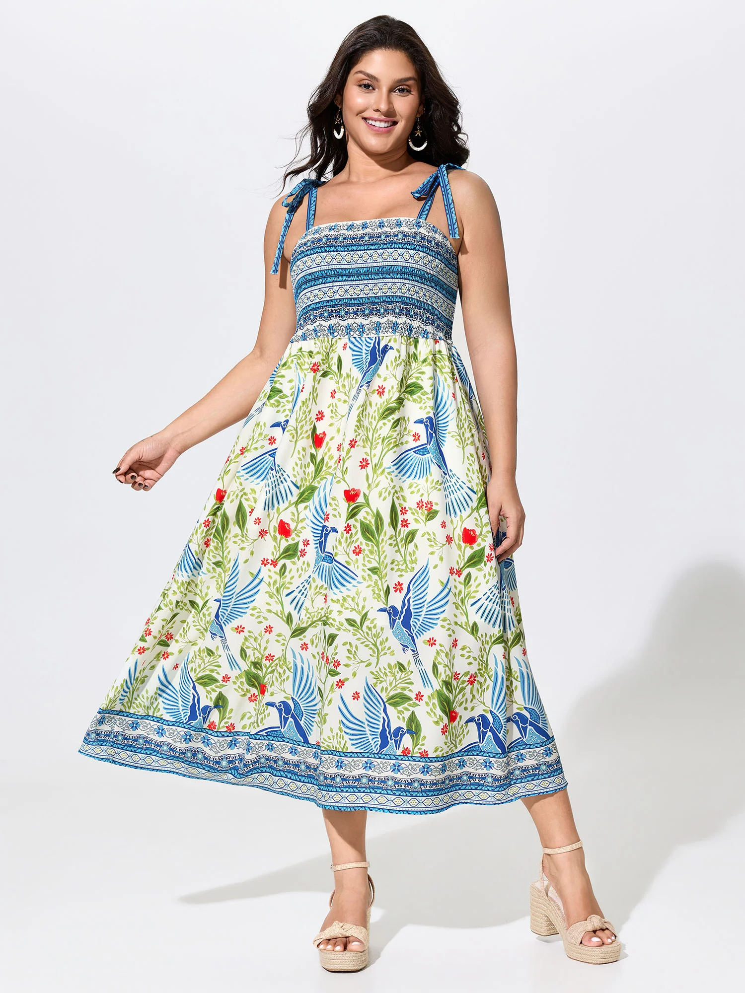Floral Print Shirred Shoulder Tie Maxi Dress