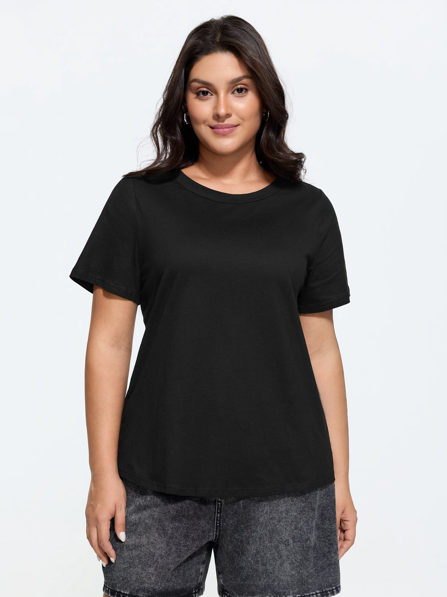 Cotton Natural Back Cross-Tie Curvy-Hem T-Shirt