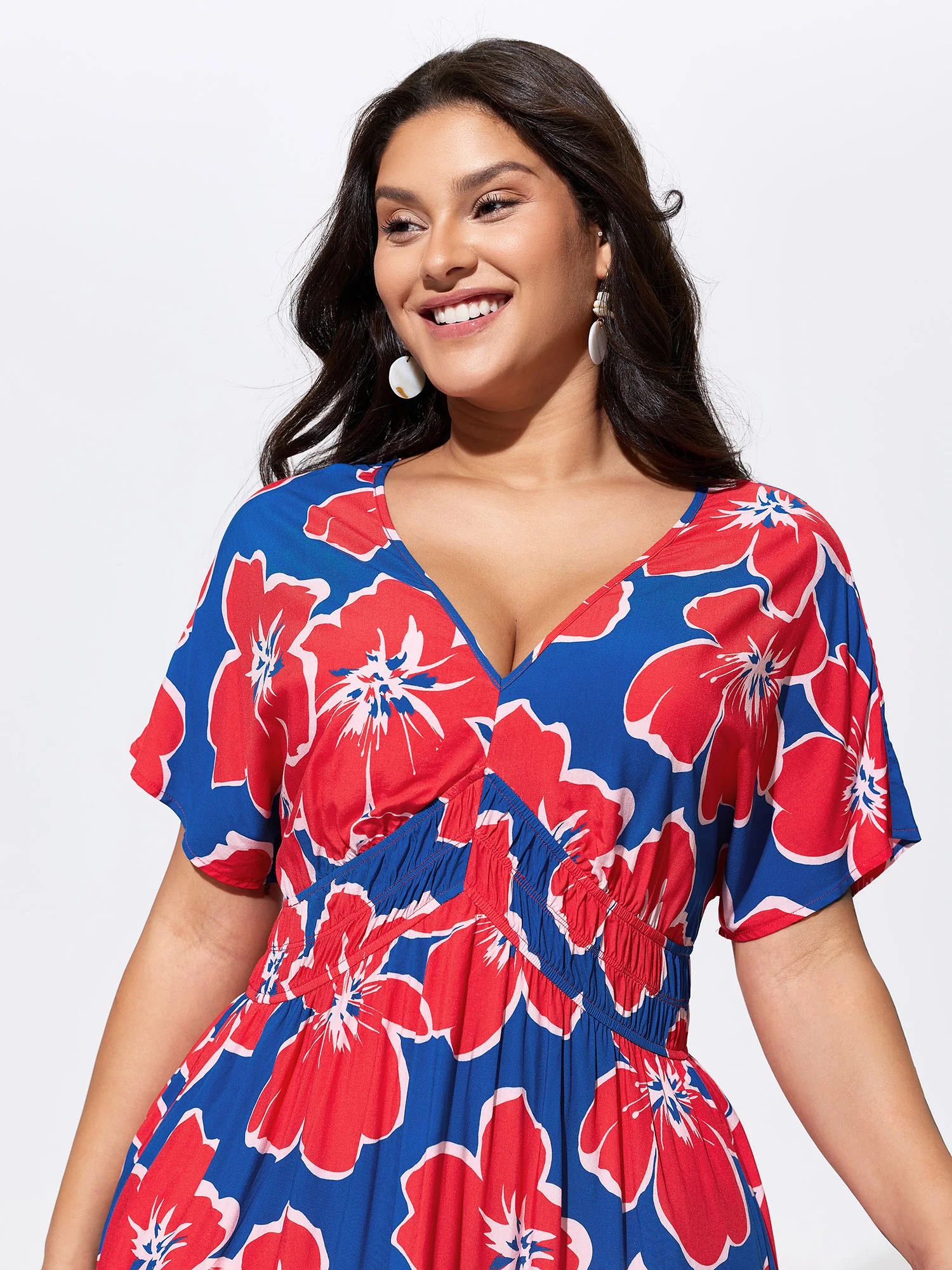Supersoft Tropical Floral Shirred Waist Midi Dress