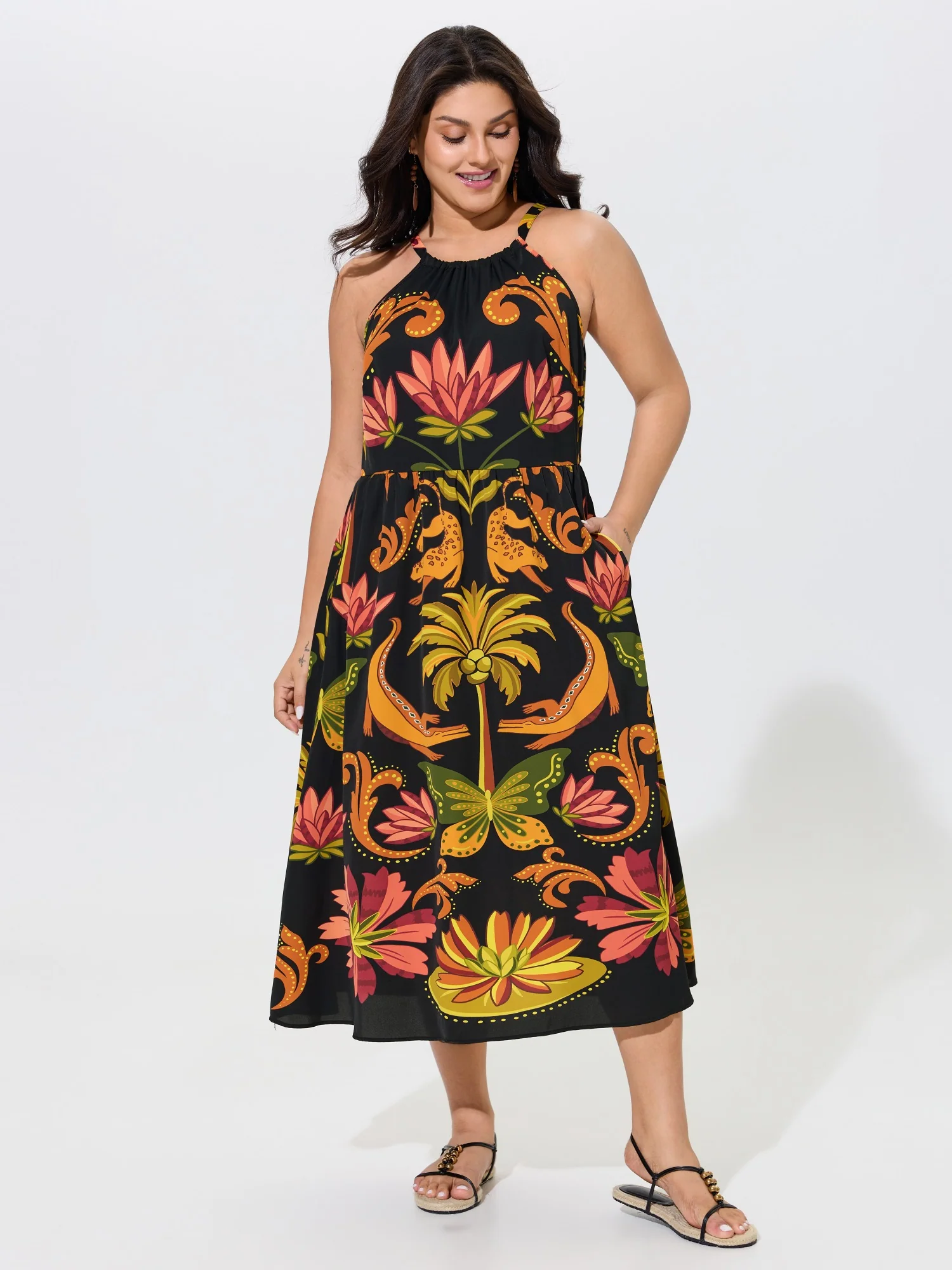 Tropical Print Halter Neck Midi Dress