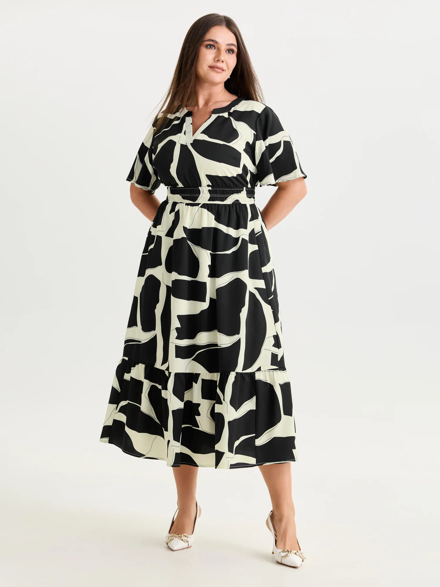 Abstract Print Notched Collar Tiered Midi Dress