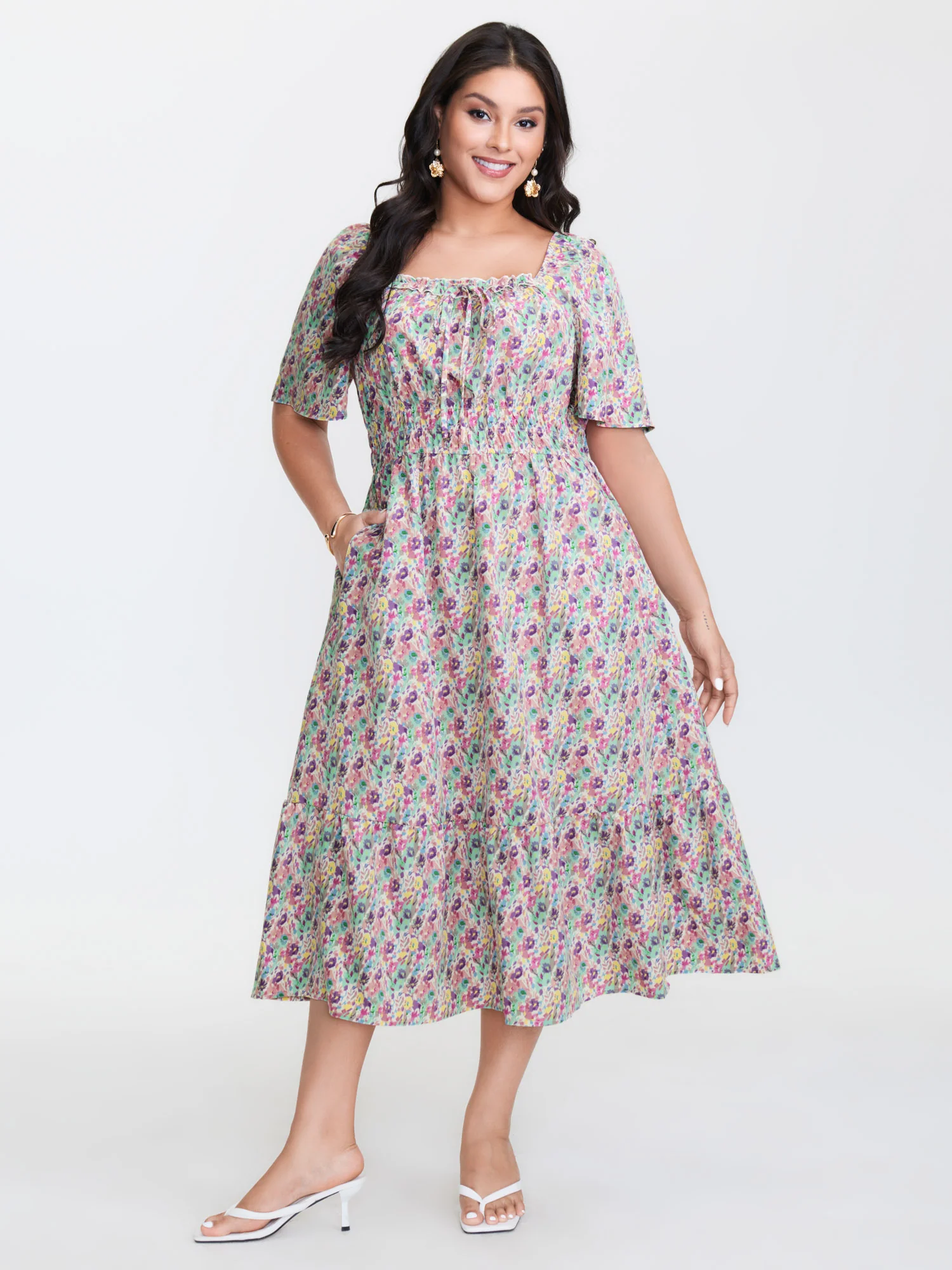 Smocked Waist Floral Ties Tiered Maxi Dress